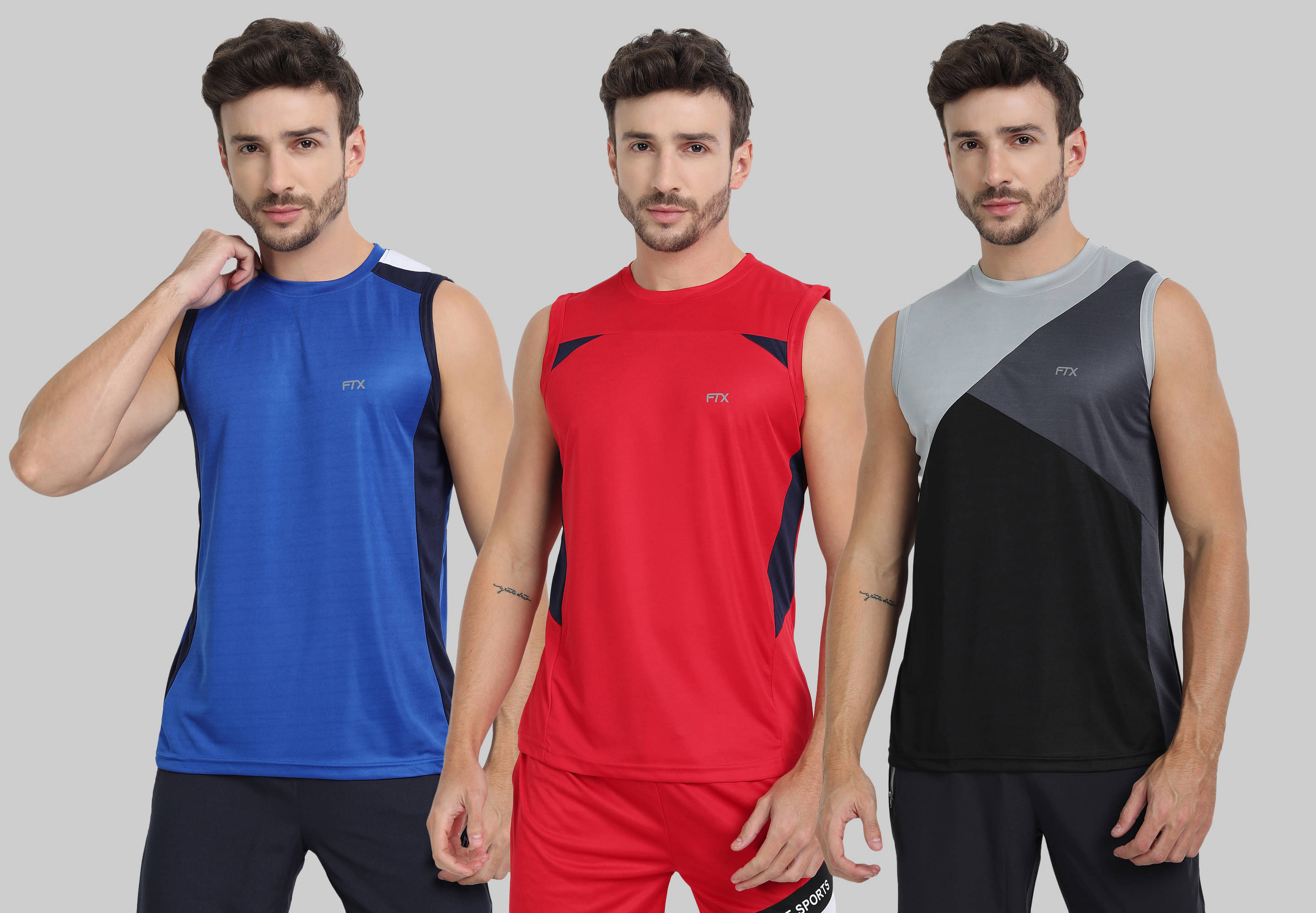 FTX Polyester Regular Fit Colorblock Sleeveless Men's Round T-Shirt - Melange Blue ( Pack of 3 ) FTX Polyester Regular Fit Colorblock Sleeveless Men's Round T-Shirt - Melange Blue ( Pack of 3 )