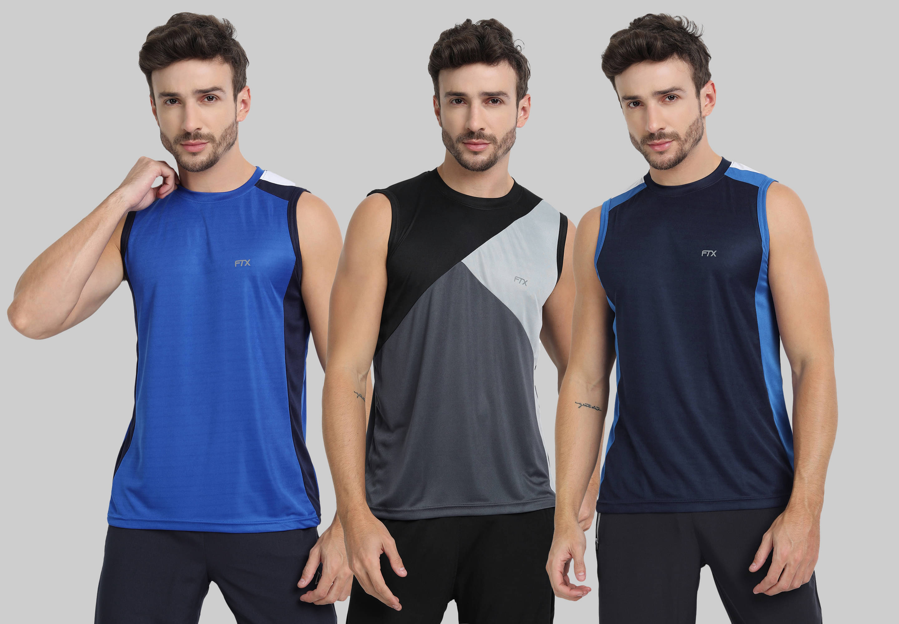     			FTX Polyester Regular Fit Colorblock Sleeveless Men's Round T-Shirt - Dark Grey ( Pack of 3 )