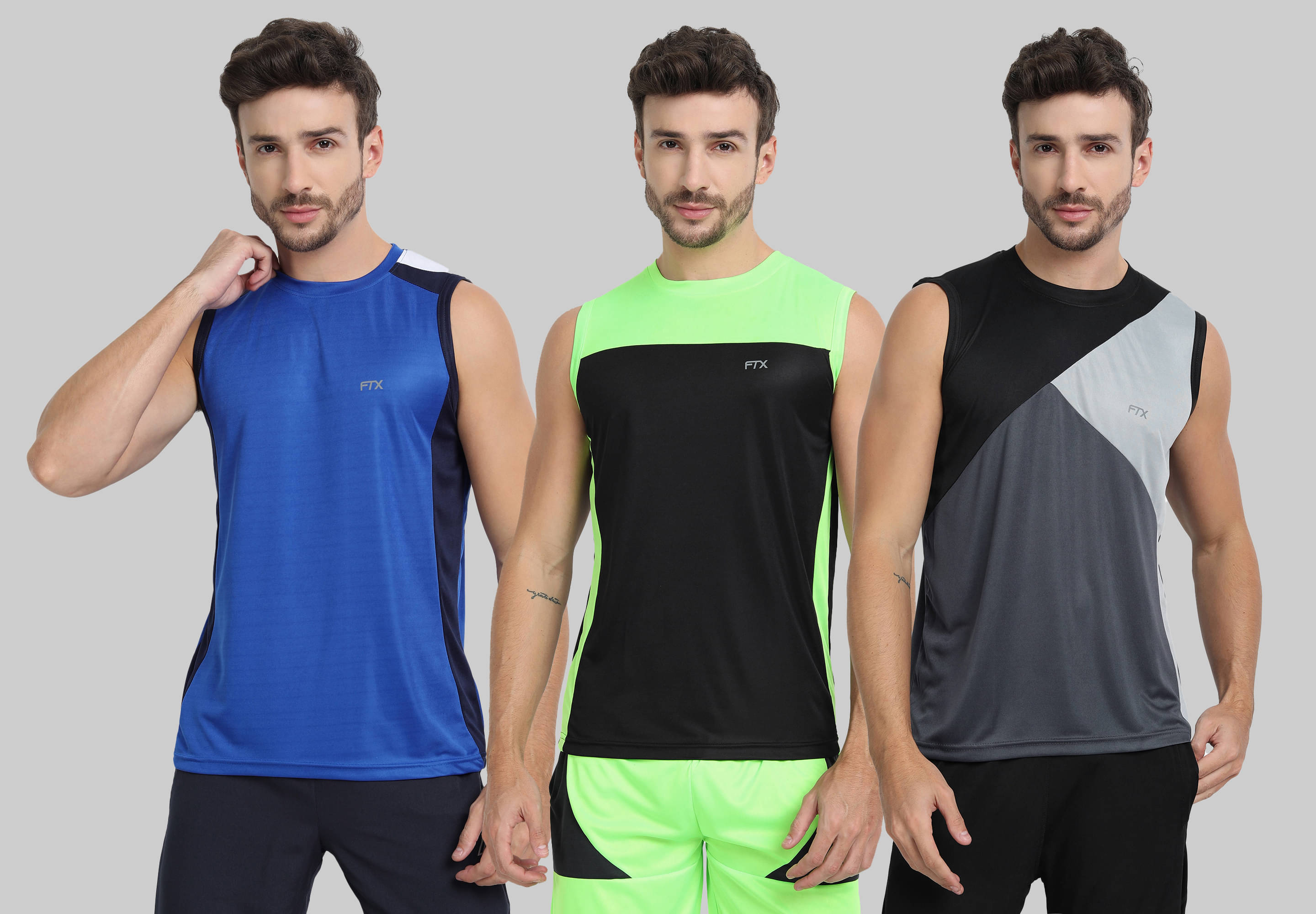     			FTX Polyester Regular Fit Colorblock Sleeveless Men's Round T-Shirt - Blue ( Pack of 3 )