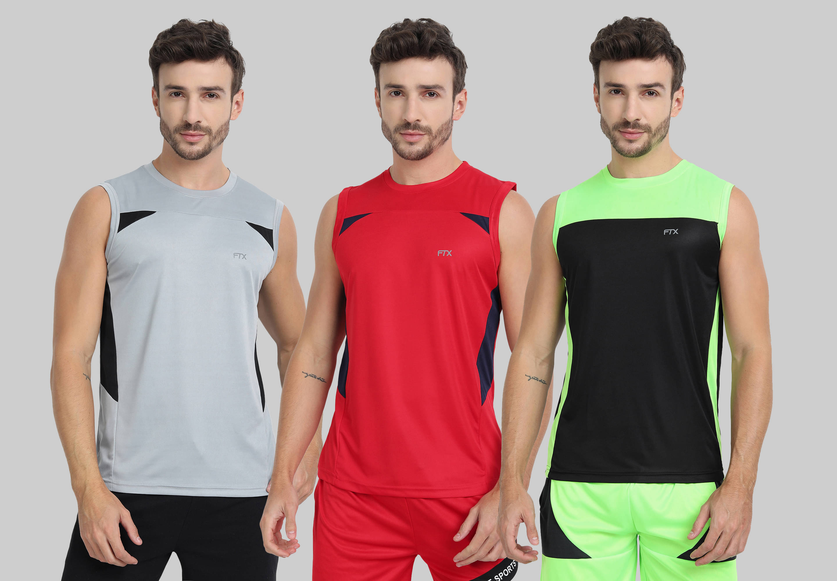     			FTX Polyester Regular Fit Colorblock Sleeveless Men's Round T-Shirt - Light Grey ( Pack of 3 )