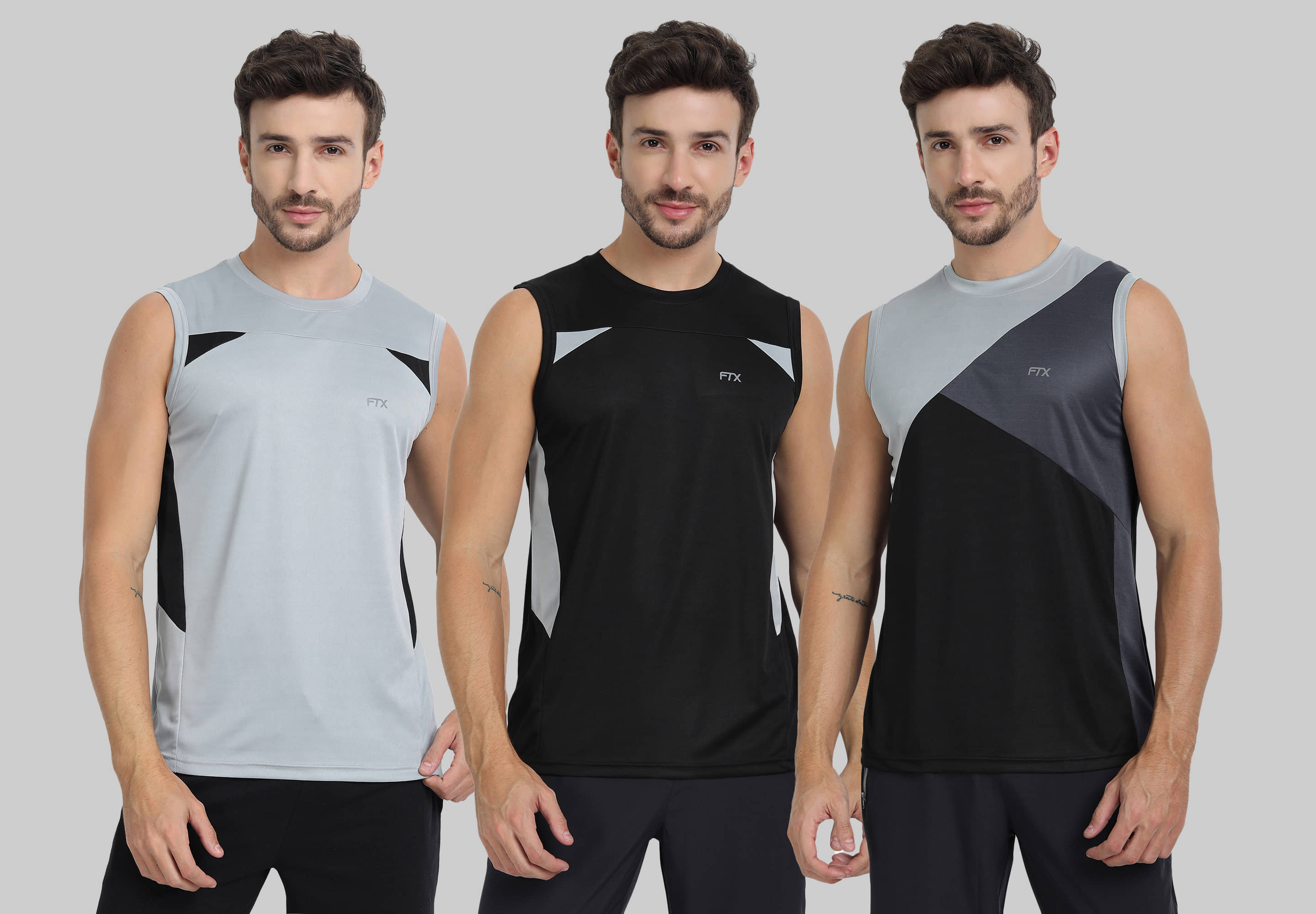 FTX Polyester Regular Fit Colorblock Sleeveless Men's Round T-Shirt - Grey ( Pack of 3 )