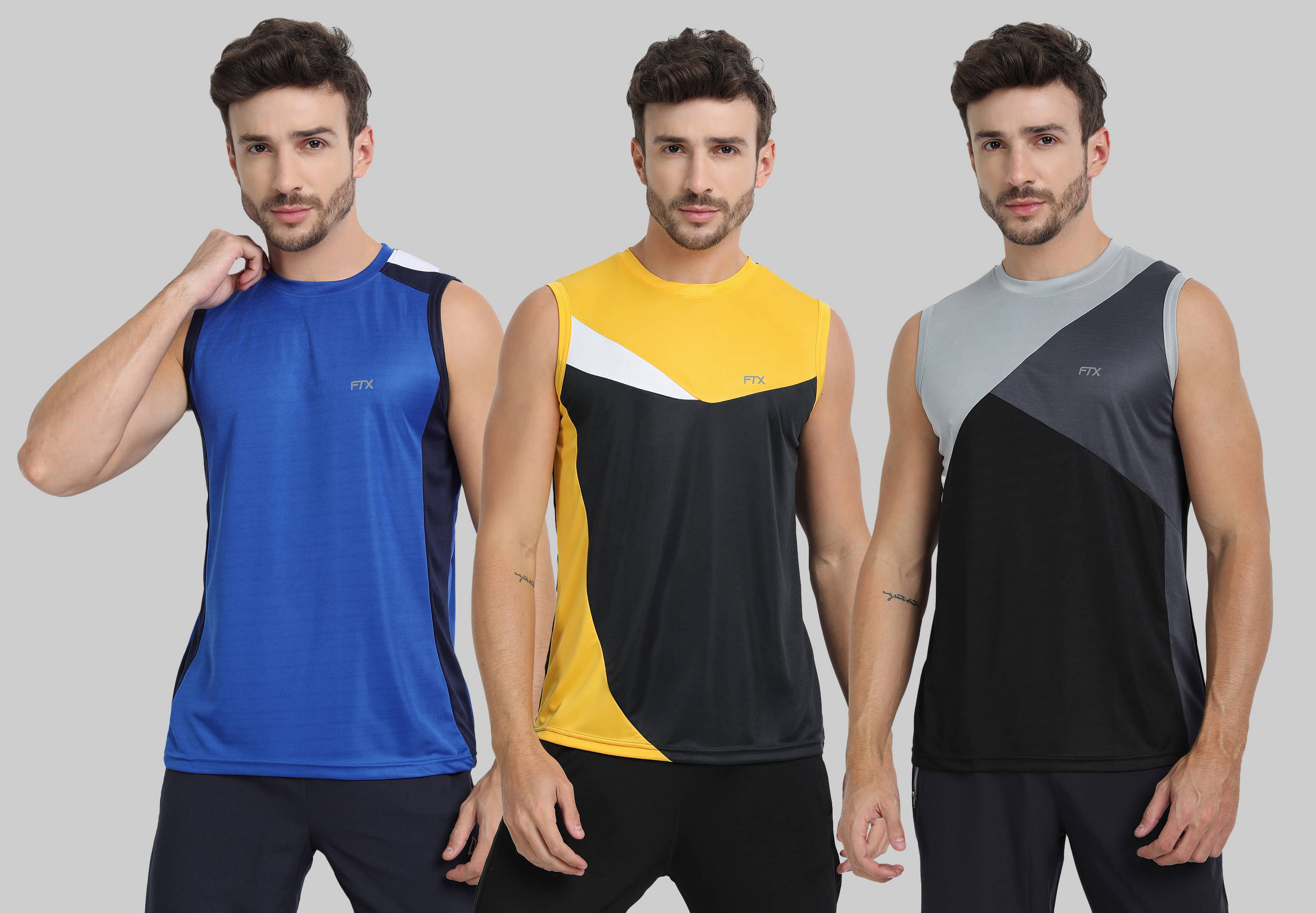     			FTX Polyester Regular Fit Colorblock Sleeveless Men's Round T-Shirt - Melange Blue ( Pack of 3 )