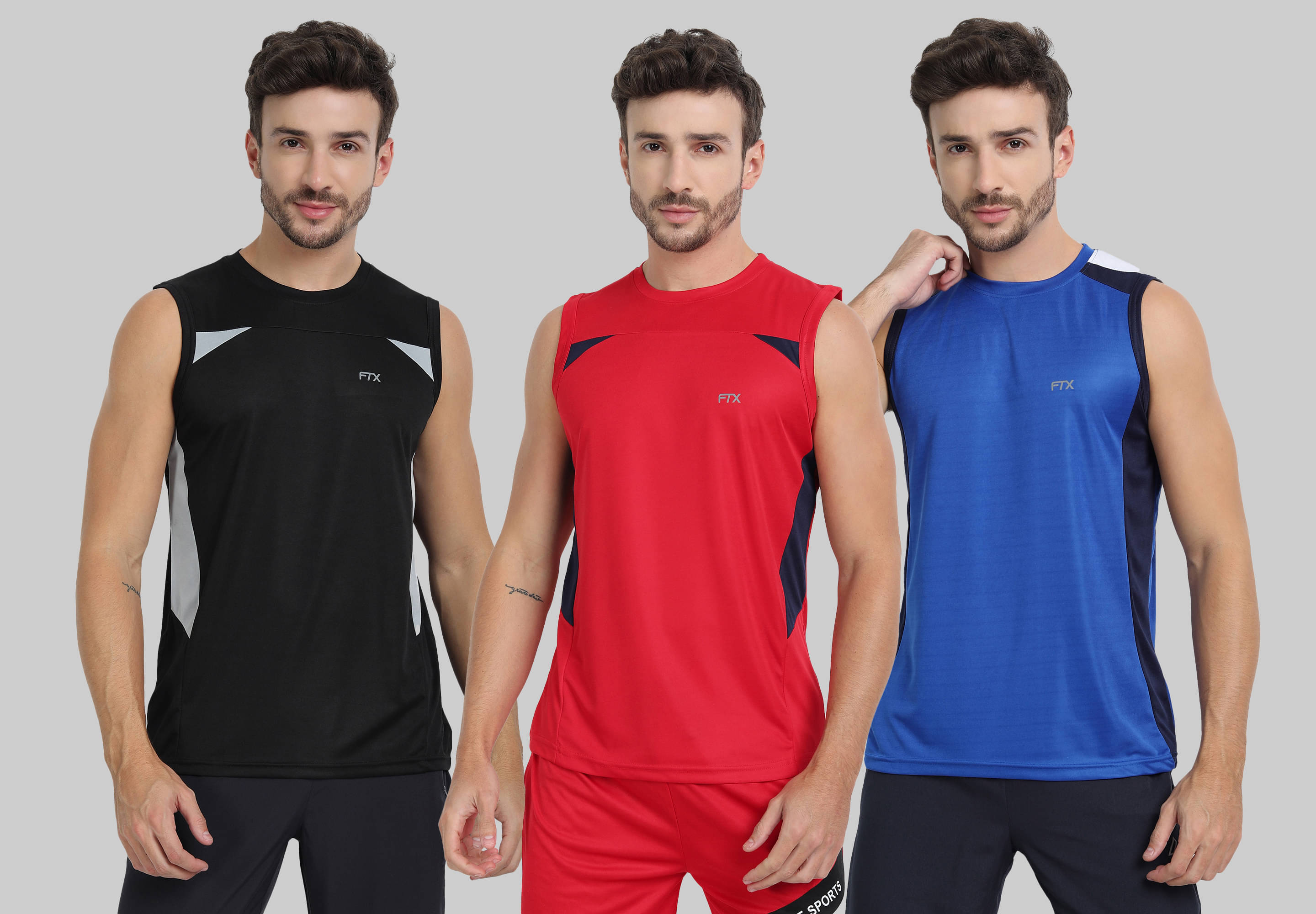 FTX Polyester Regular Fit Colorblock Sleeveless Men's Round T-Shirt - Blue ( Pack of 3 )     			FTX Polyester Regular Fit Colorblock Sleeveless Men's Round T-Shirt - Blue ( Pack of 3 )