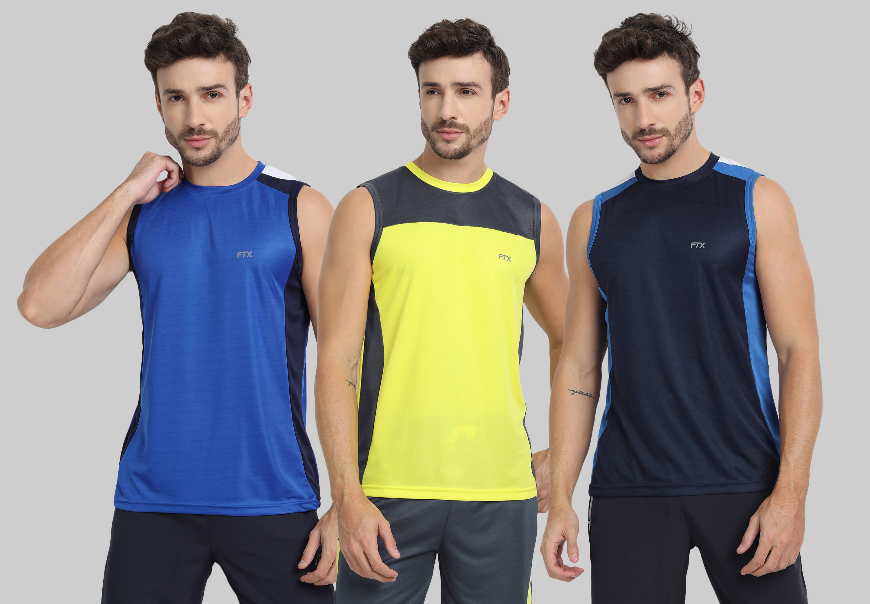     			FTX Polyester Regular Fit Colorblock Sleeveless Men's Round T-Shirt - Melange Blue ( Pack of 3 )