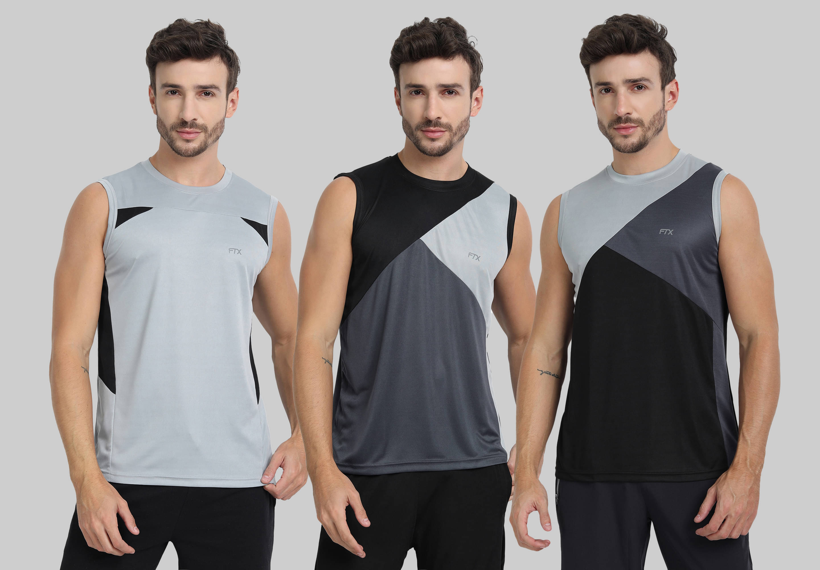     			FTX Polyester Regular Fit Colorblock Sleeveless Men's Round T-Shirt - Grey ( Pack of 3 )