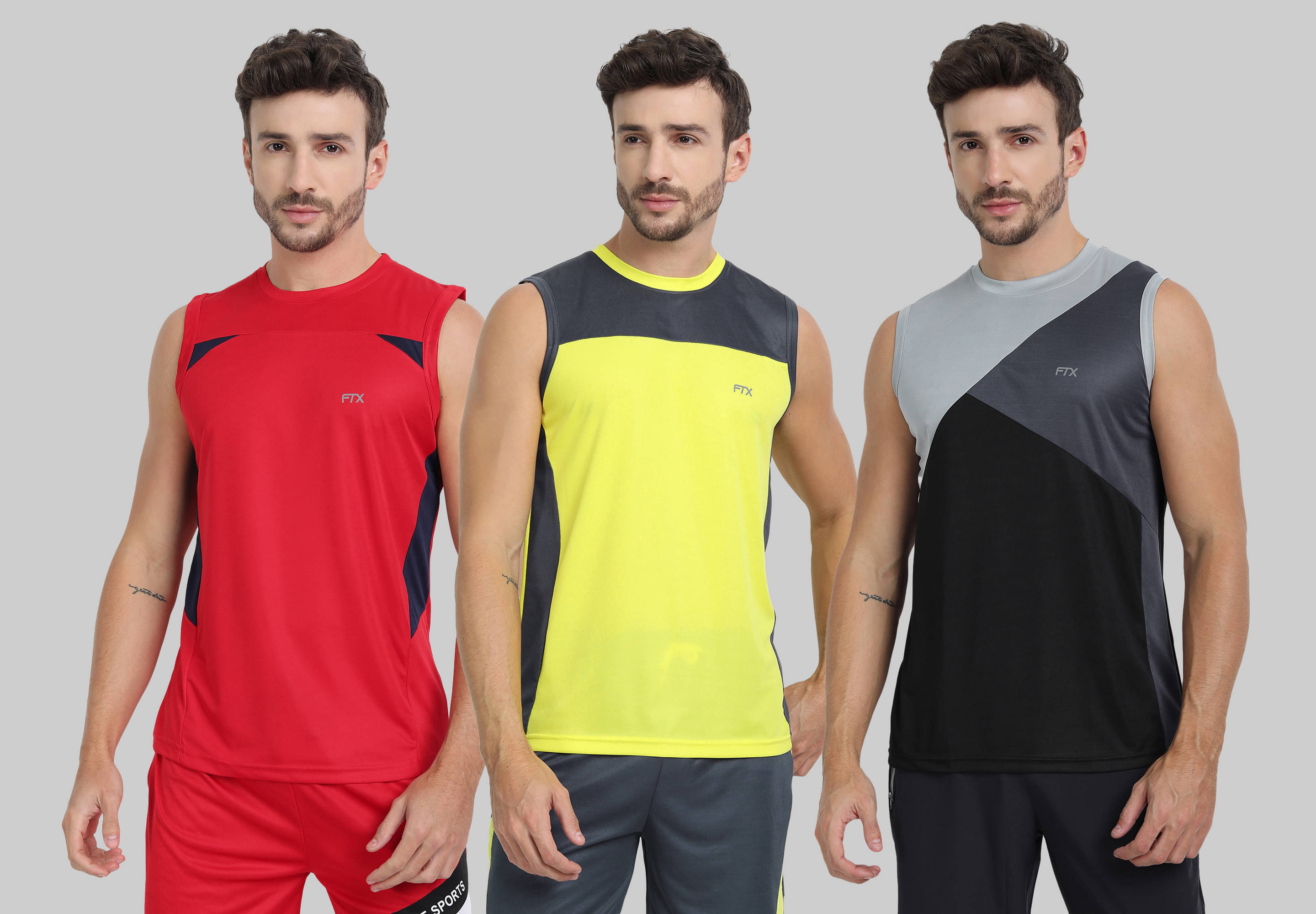     			FTX Polyester Regular Fit Colorblock Sleeveless Men's Round T-Shirt - Grey ( Pack of 3 )