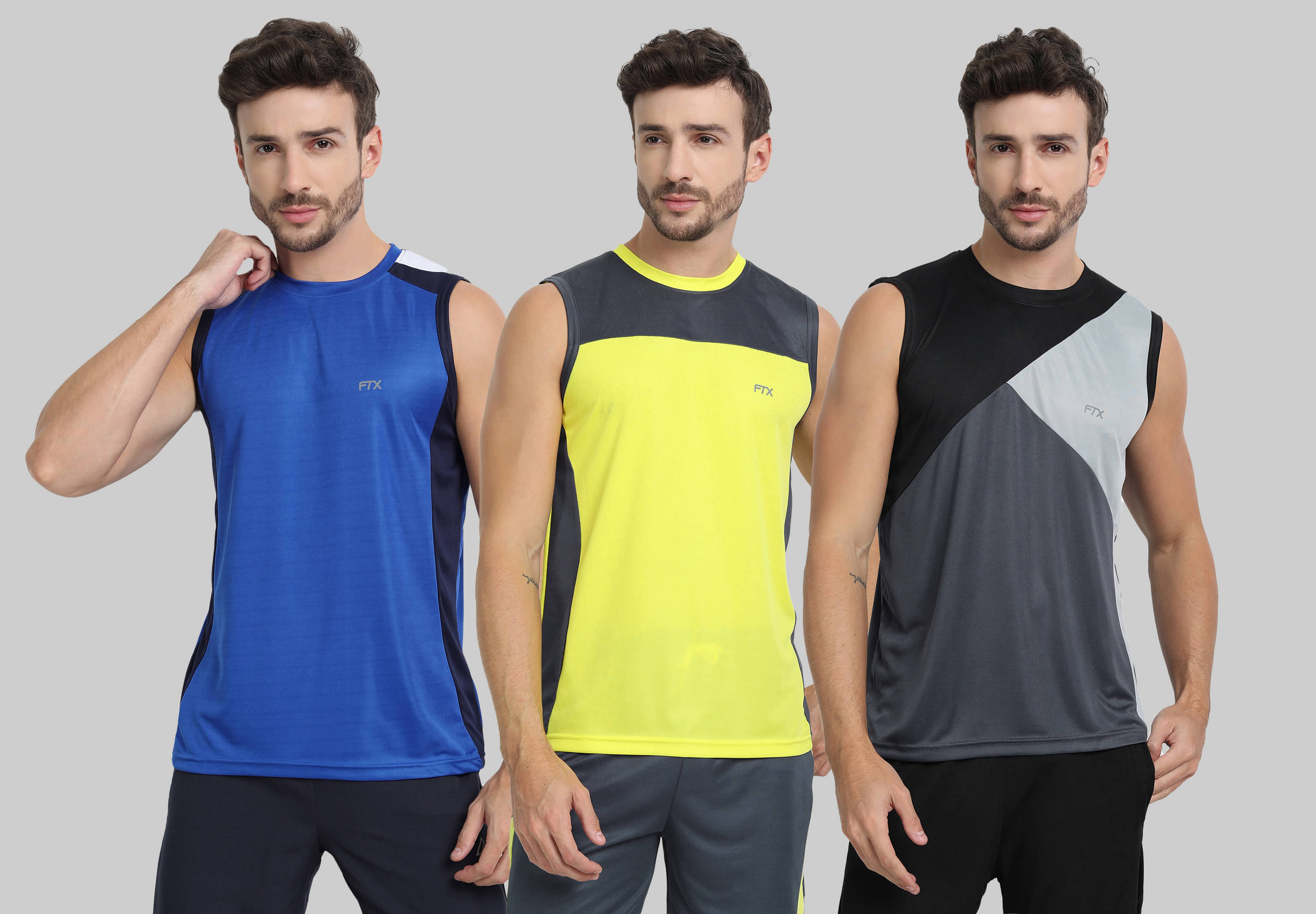     			FTX Polyester Regular Fit Colorblock Sleeveless Men's Round T-Shirt - Blue ( Pack of 3 )
