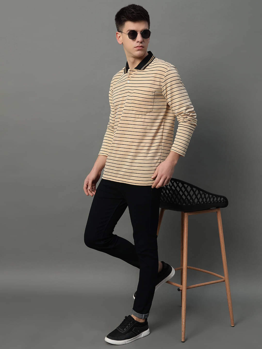 GET GOLF Pack of 1 Cotton Blend Regular Fit Striped Full Sleeves Men's Polo T Shirt ( Beige ) GET GOLF Pack of 1 Cotton Blend Regular Fit Striped Full Sleeves Men's Polo T Shirt ( Beige )