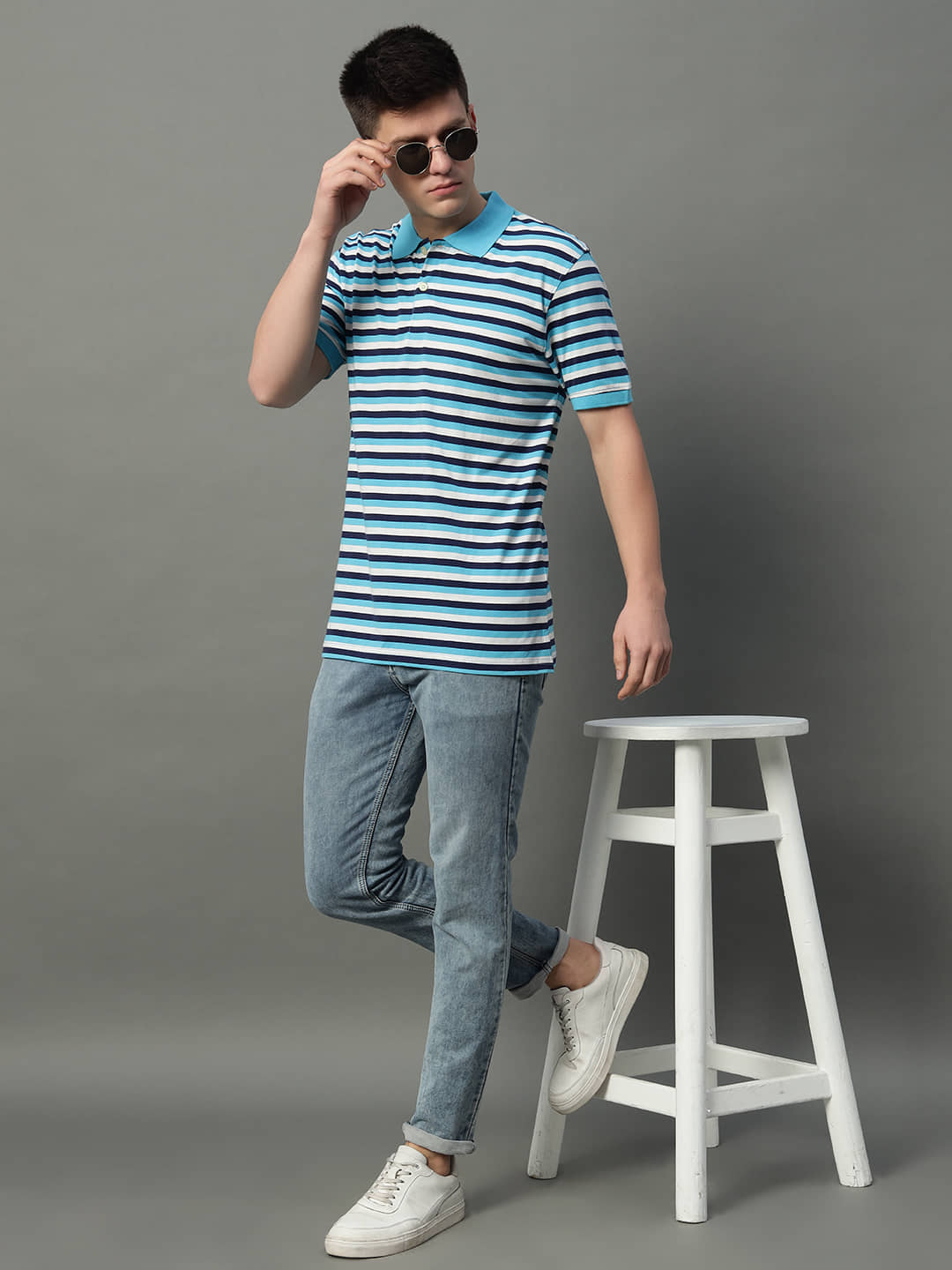 GET GOLF Pack of 1 Cotton Blend Regular Fit Striped Half Sleeves Men's Polo T Shirt ( Aqua )