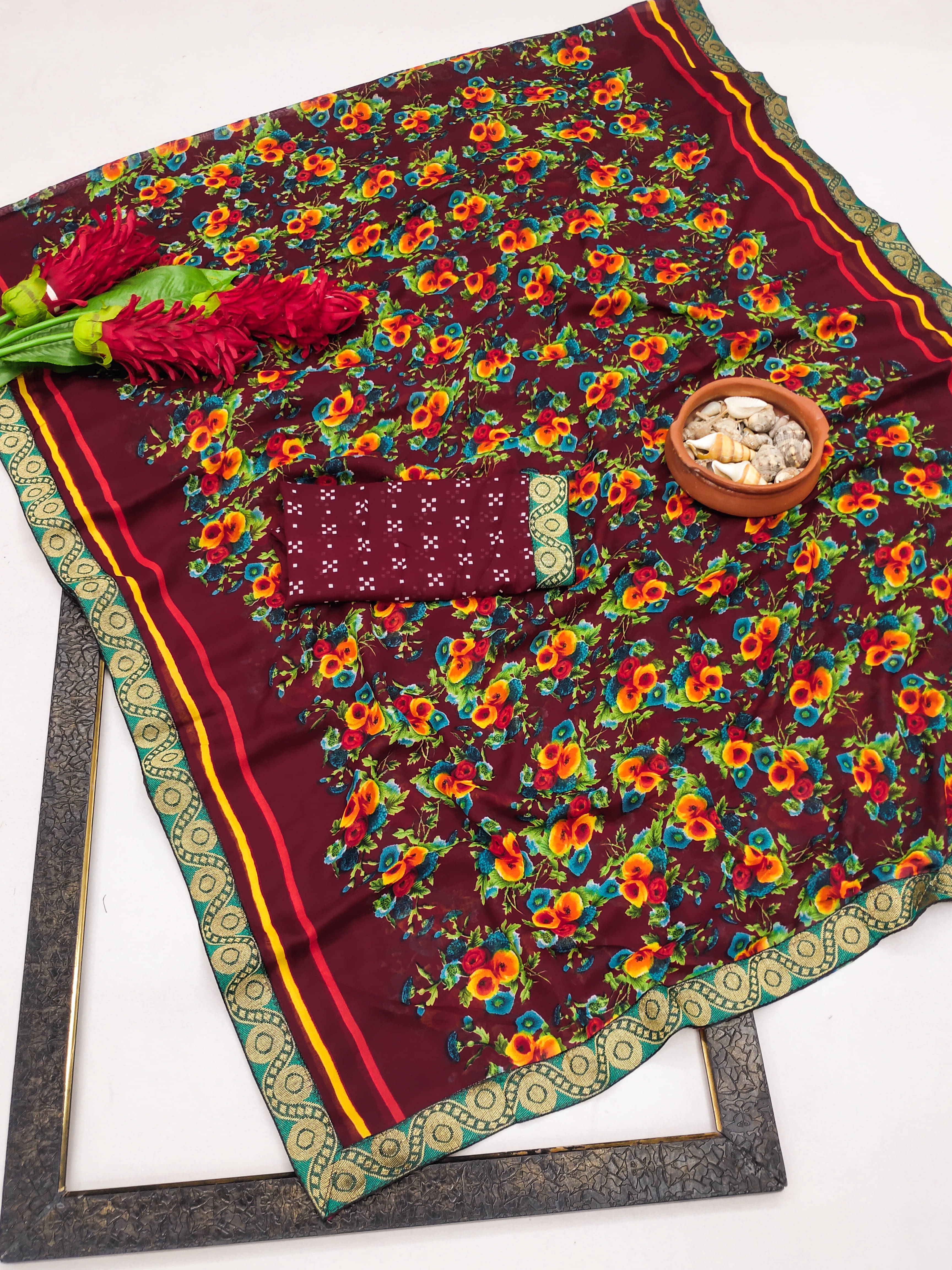     			Kanooda Prints Georgette Printed Saree With Unstitched Blouse Piece ( Maroon )
