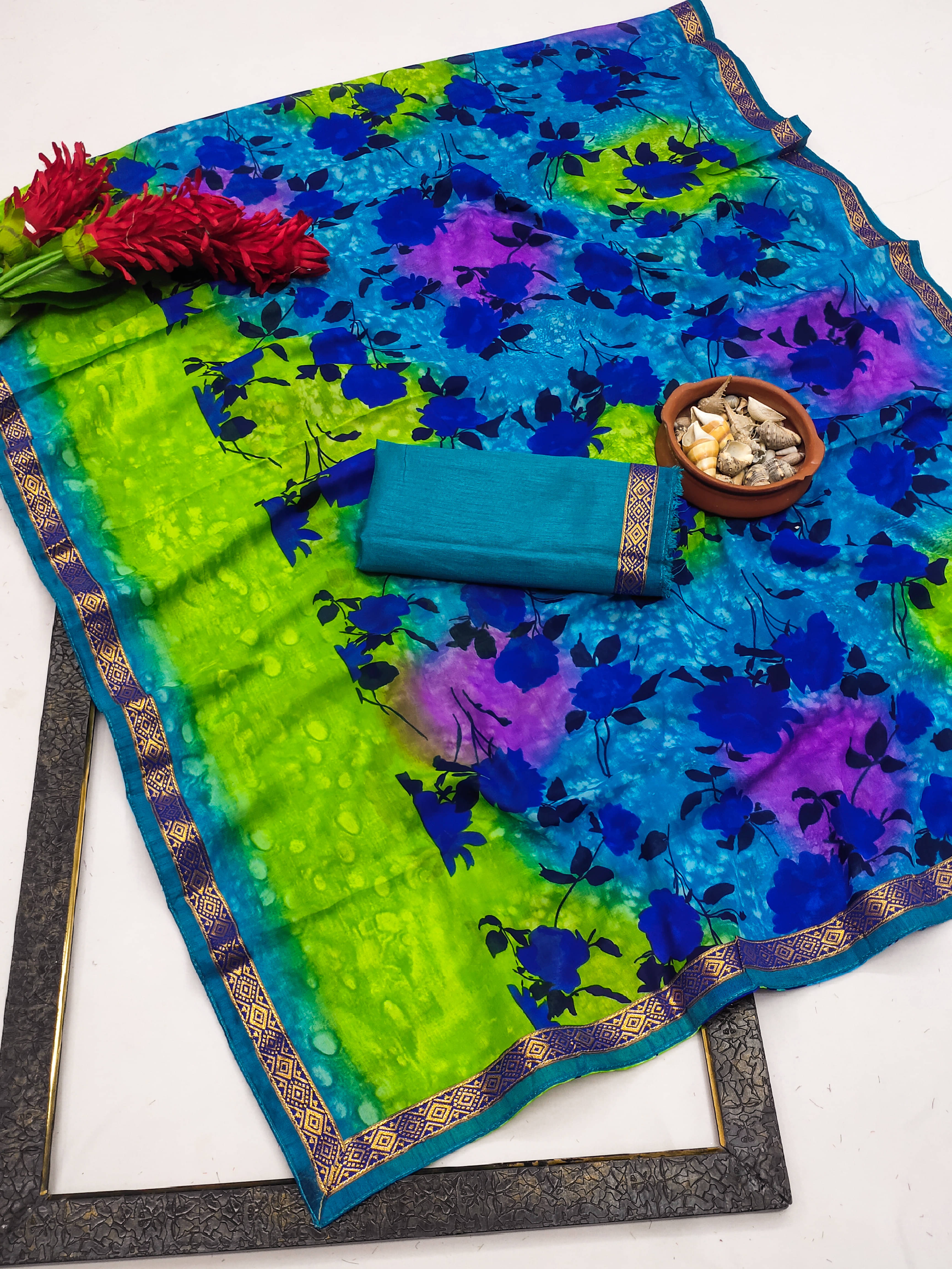     			Kanooda Prints Georgette Printed Saree With Unstitched Blouse Piece ( Teal )
