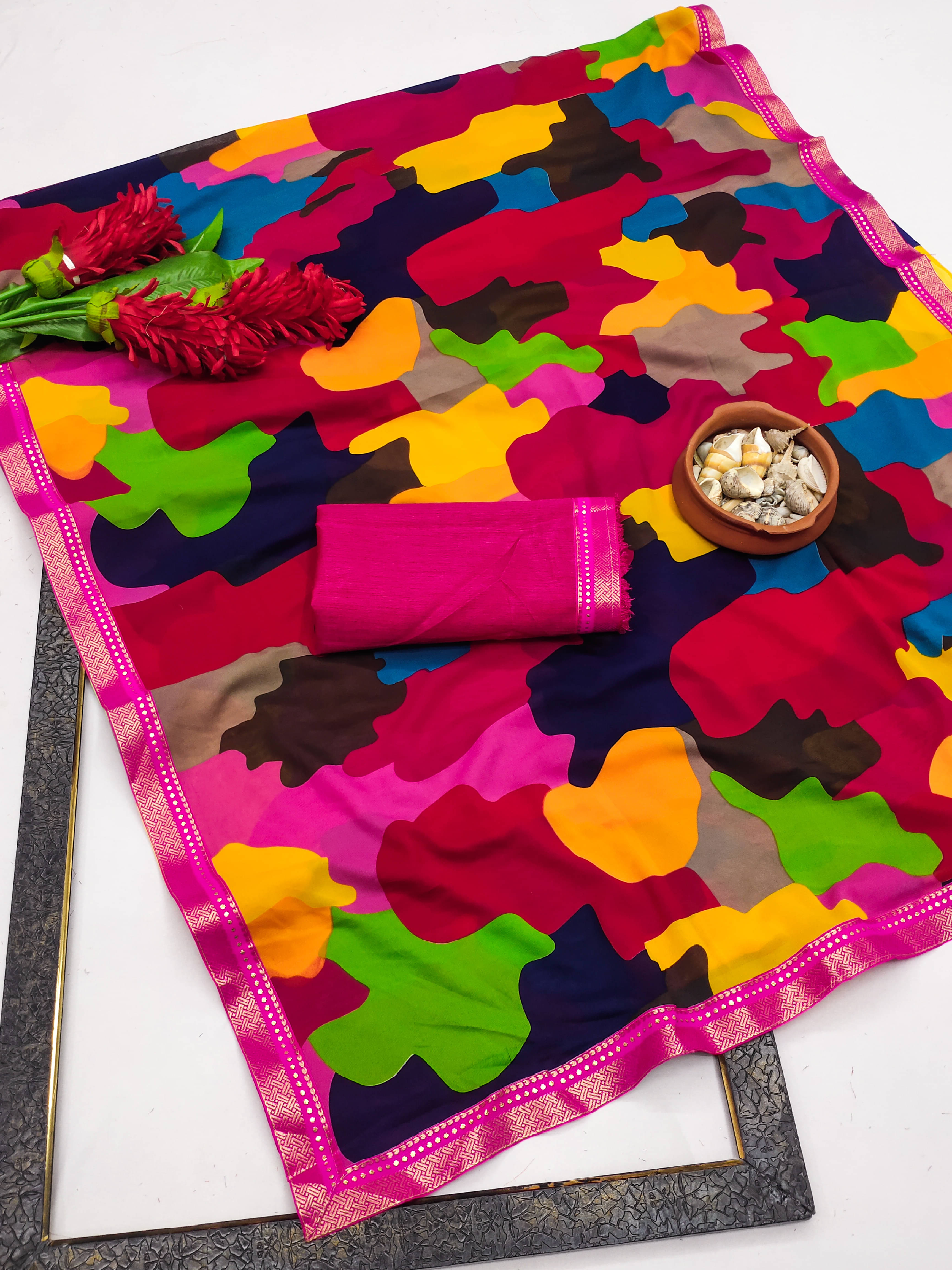 Kanooda Prints Georgette Colorblock Saree With Unstitched Blouse Piece ( Pink ) Kanooda Prints Georgette Colorblock Saree With Unstitched Blouse Piece ( Pink )