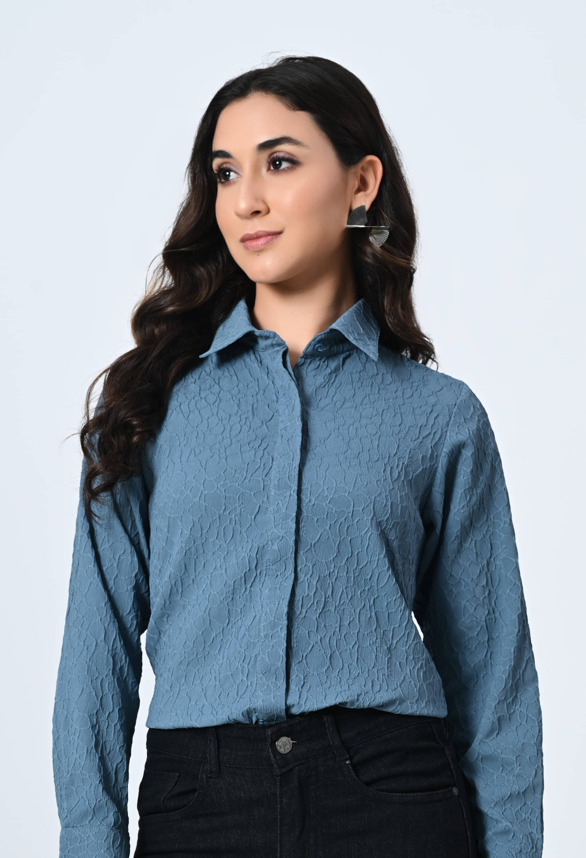     			OTIRA Women Self Design Poly Crepe Shirt ( Blue )