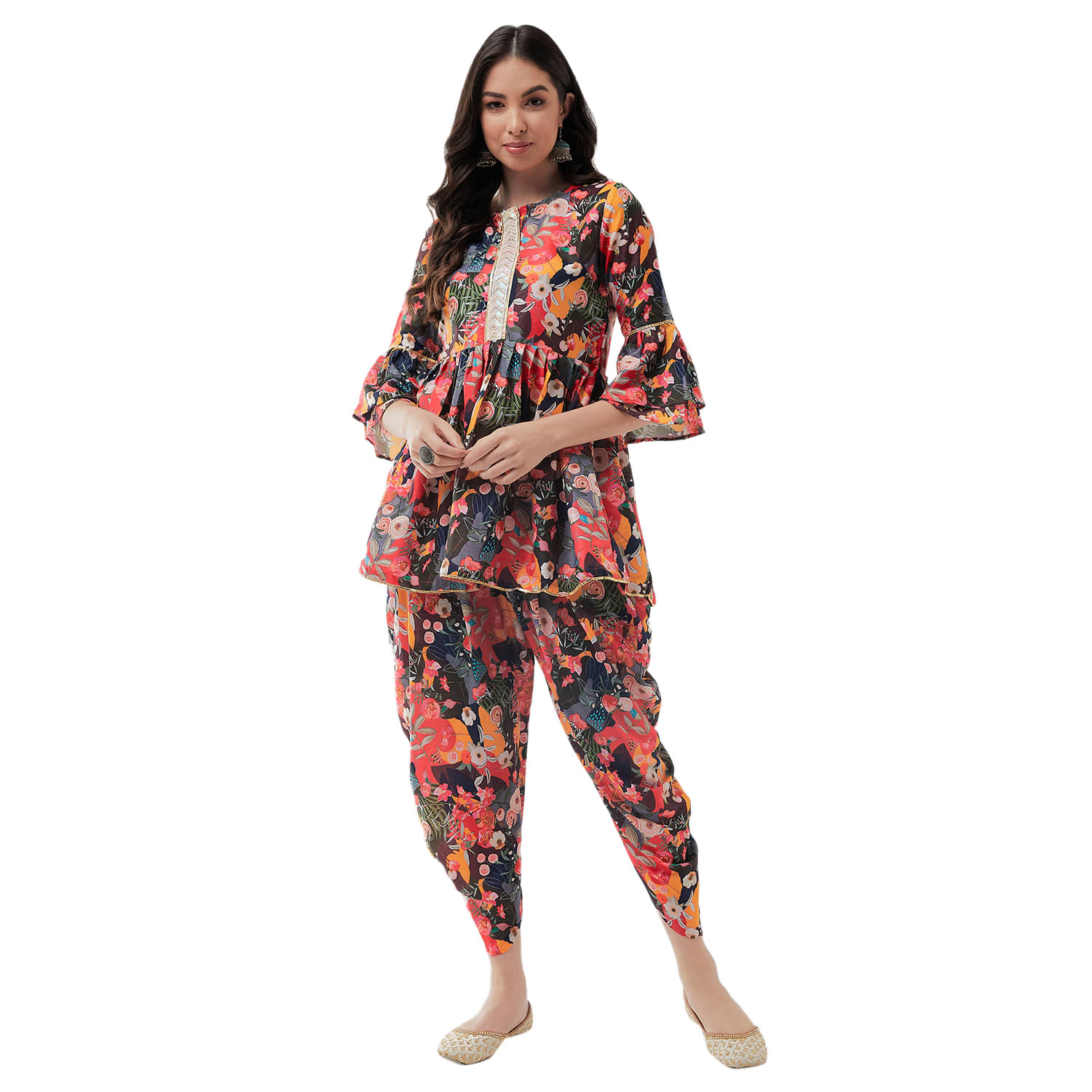 Pannkh Women Polyester Printed A-line Kurti With Dhoti Pants ( Multicoloured ) Pannkh Women Polyester Printed A-line Kurti With Dhoti Pants ( Multicoloured )