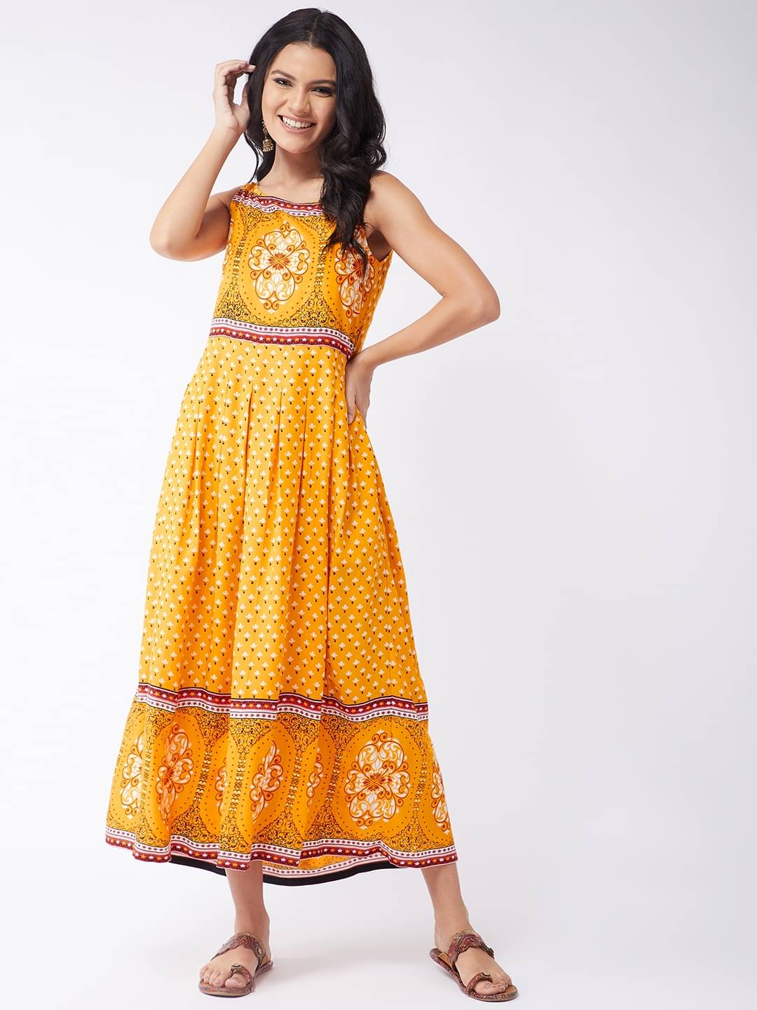 Pannkh Women Polyester Printed A-line Dress ( Yellow ) Pannkh Women Polyester Printed A-line Dress ( Yellow )