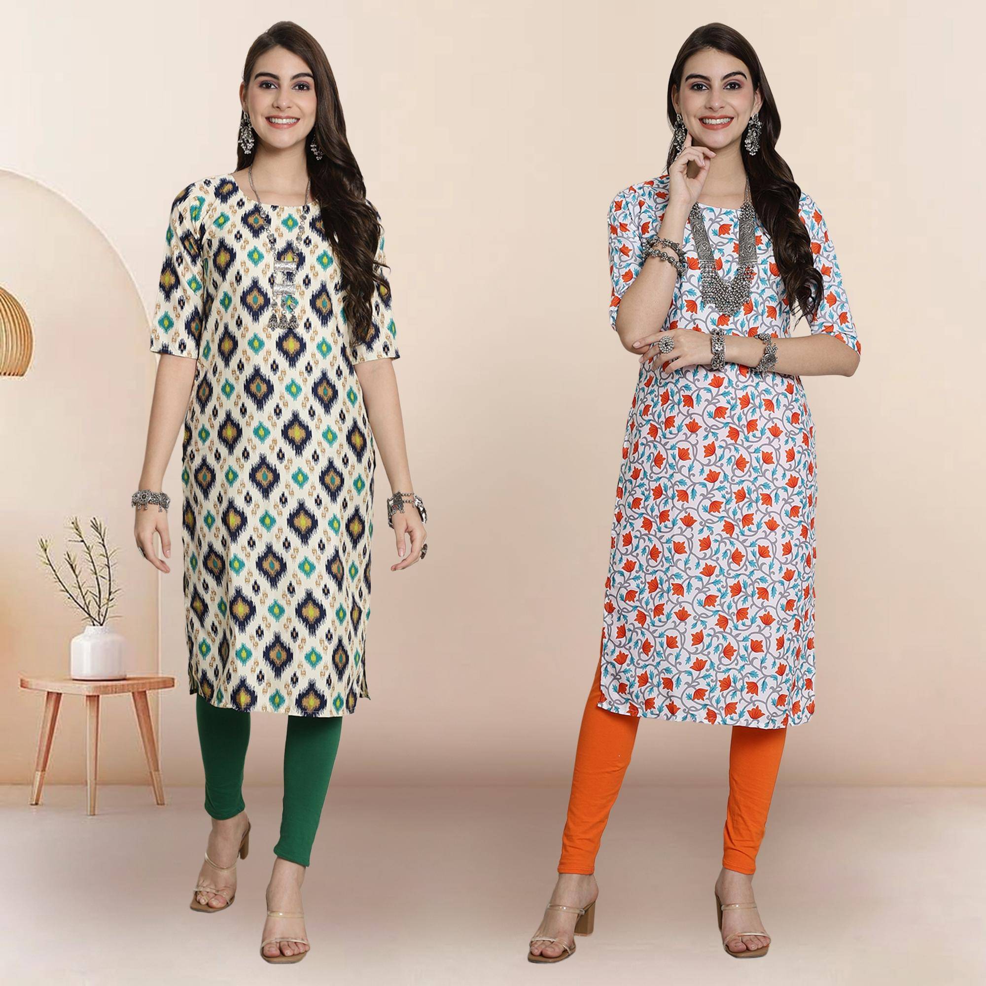 1 Stop Fashion Pack of 2 Crepe Printed Straight Women's Kurti - ( Multicoloured ) 1 Stop Fashion Pack of 2 Crepe Printed Straight Women's Kurti - ( Multicoloured )