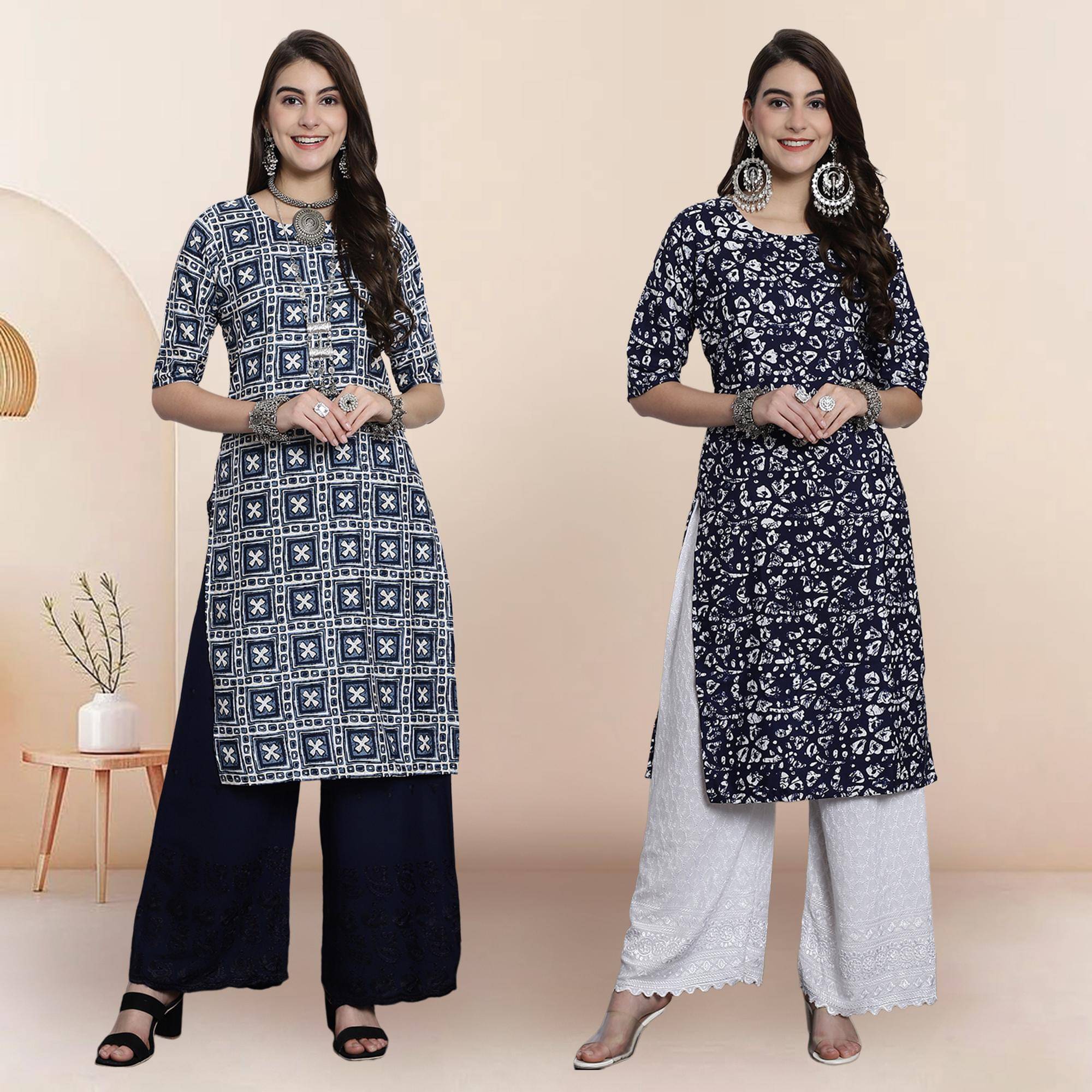 1 Stop Fashion Pack of 2 Crepe Printed Straight Women's Kurti - ( Multicolor2 ) 1 Stop Fashion Pack of 2 Crepe Printed Straight Women's Kurti - ( Multicolor2 )