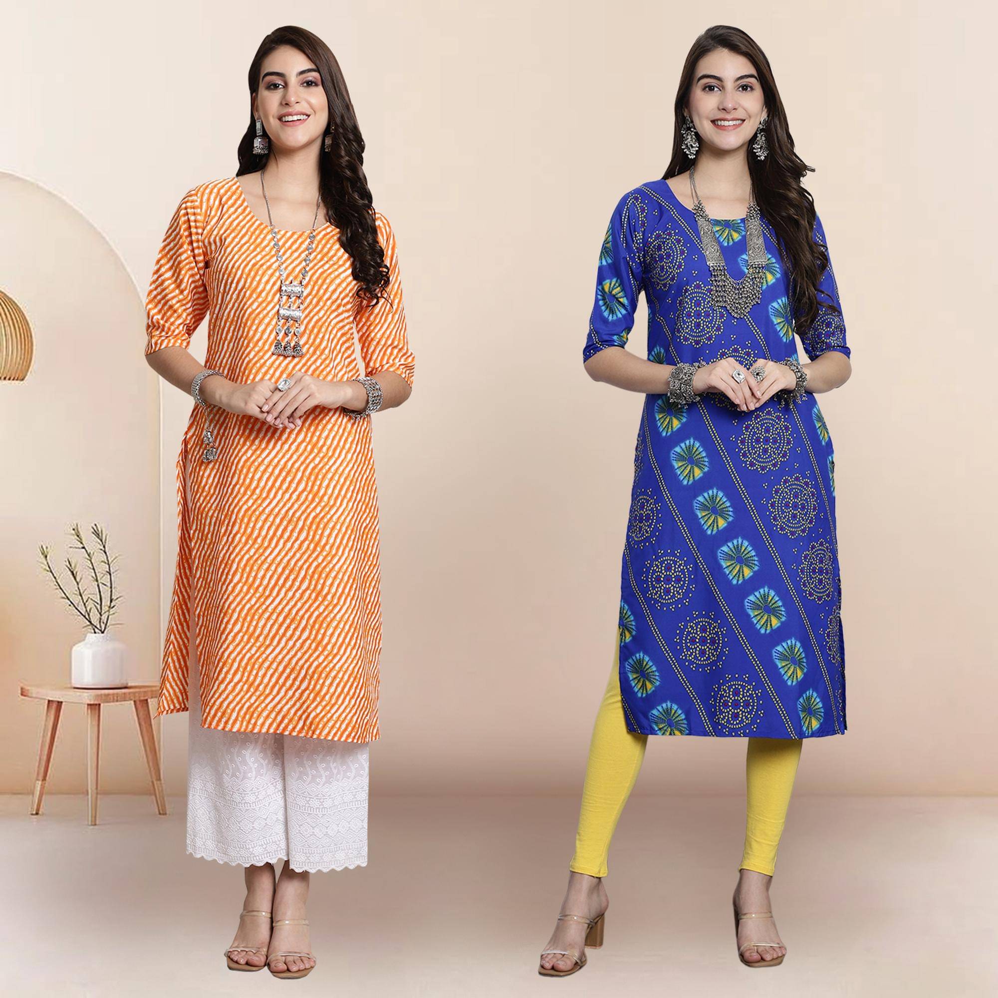 1 Stop Fashion Pack of 2 Crepe Printed Straight Women's Kurti - ( Multicolor3 ) 1 Stop Fashion Pack of 2 Crepe Printed Straight Women's Kurti - ( Multicolor3 )