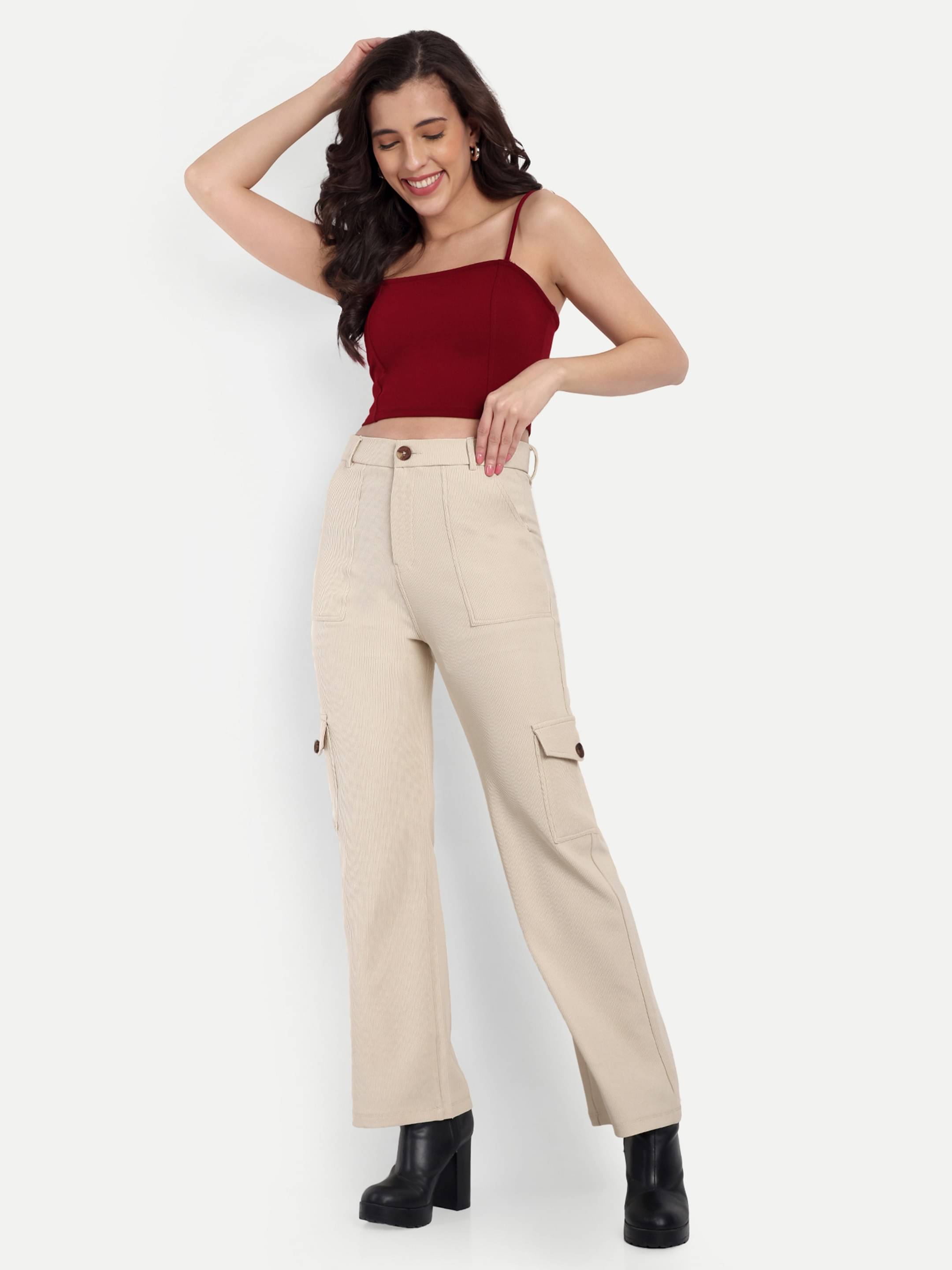     			Broadstar Pack of 1 Corduroy Straight Women's Cargo Pants ( Cream )