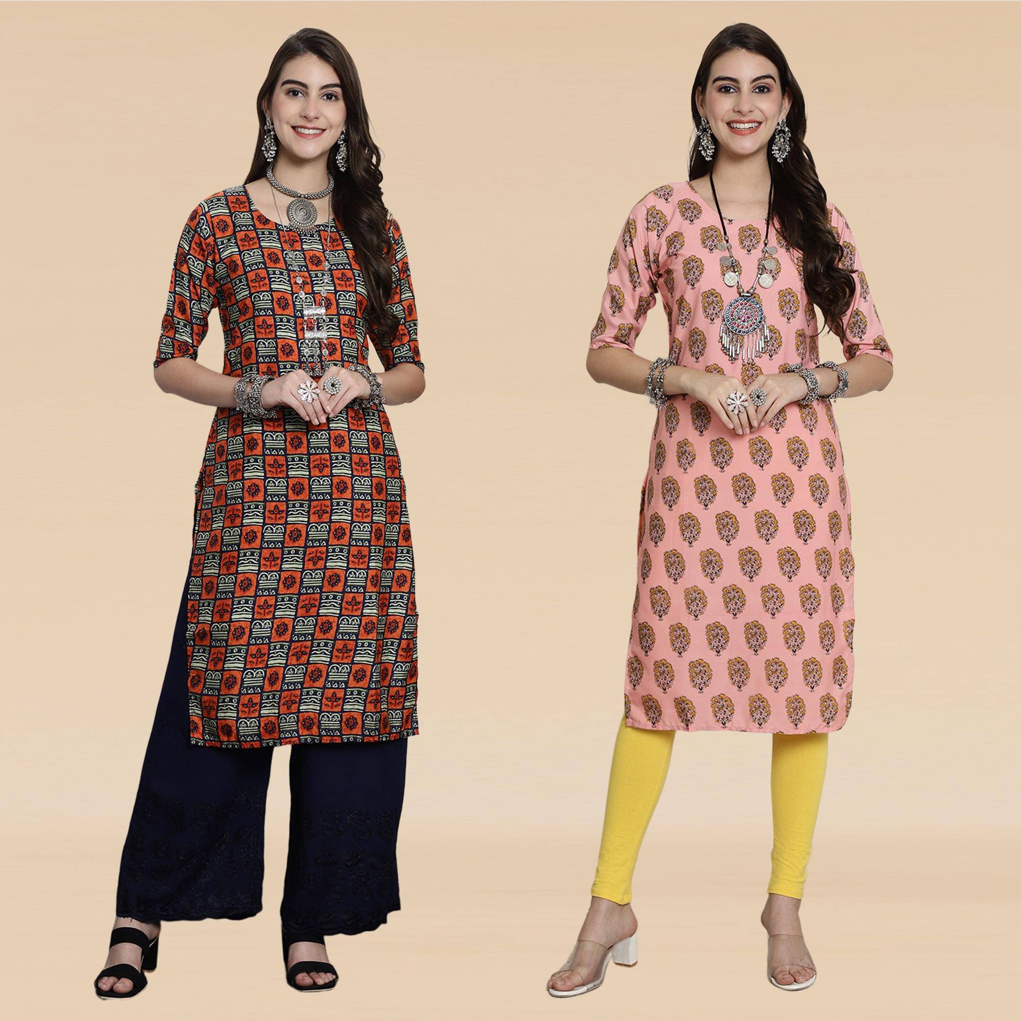     			Ethnicbasket Pack of 2 Crepe Printed Straight Women's Kurti - ( Multicolor1 )