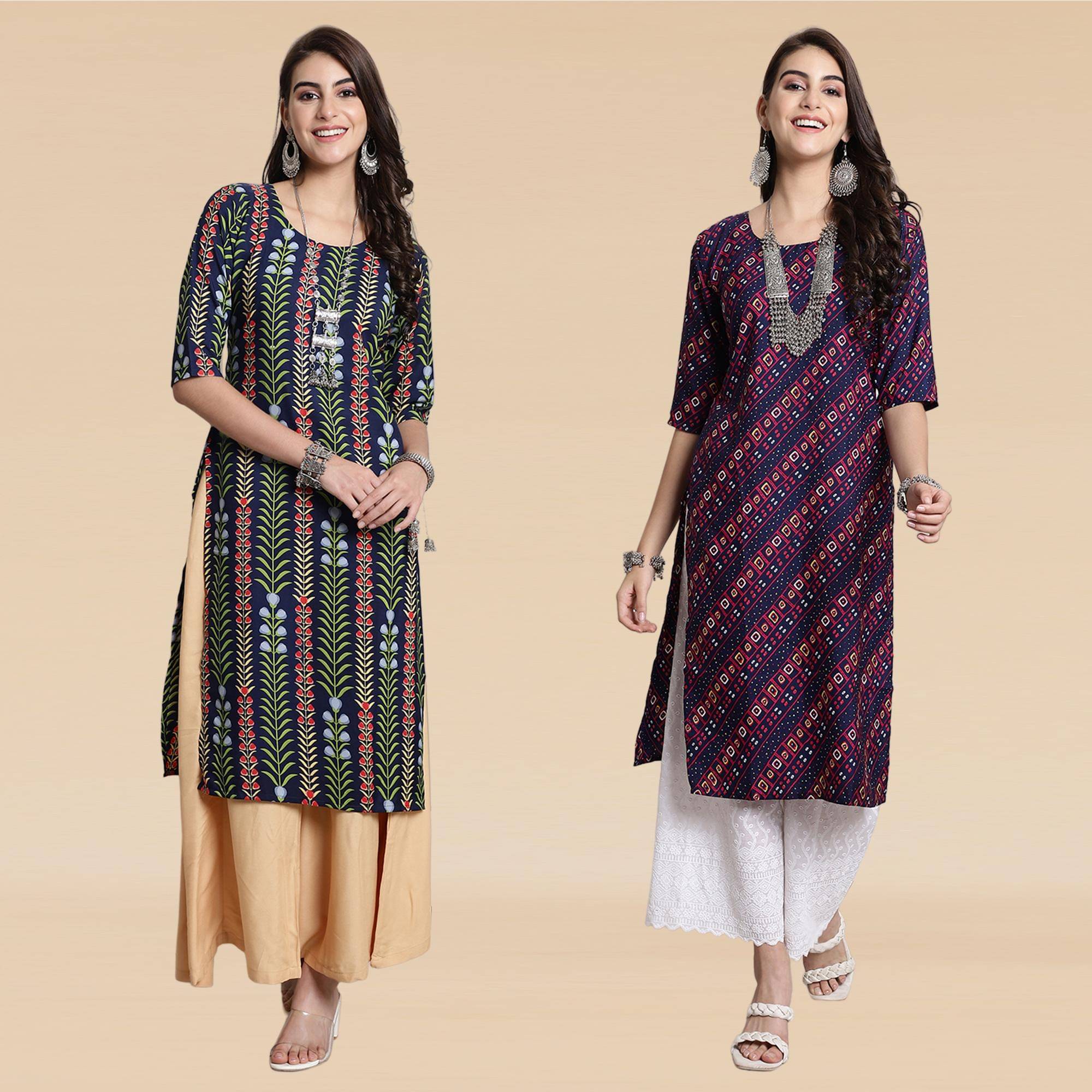     			Ethnicbasket Pack of 2 Crepe Printed Straight Women's Kurti - ( Multicolor1 )