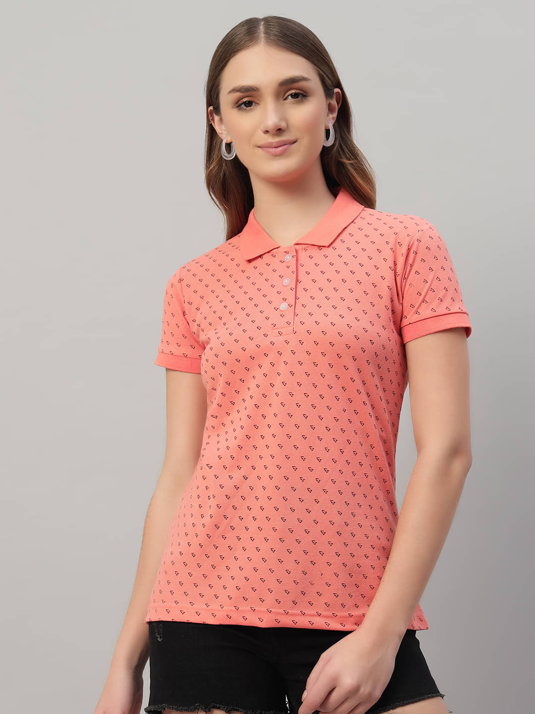 Riss Women Cotton Blend Printed Regular Fit Polo Collar T-Shirt ( Peach ) Riss Women Cotton Blend Printed Regular Fit Polo Collar T-Shirt ( Peach )