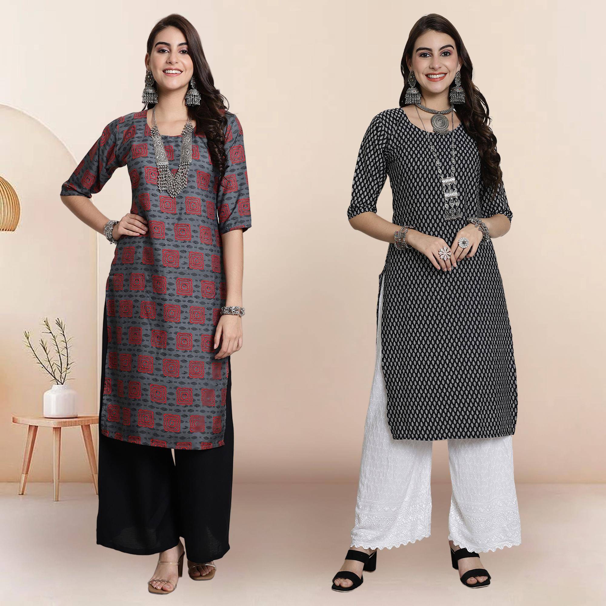 1 Stop Fashion Pack of 2 Crepe Printed Straight Women's Kurti - ( Multicolor3 )     			1 Stop Fashion Pack of 2 Crepe Printed Straight Women's Kurti - ( Multicolor3 )