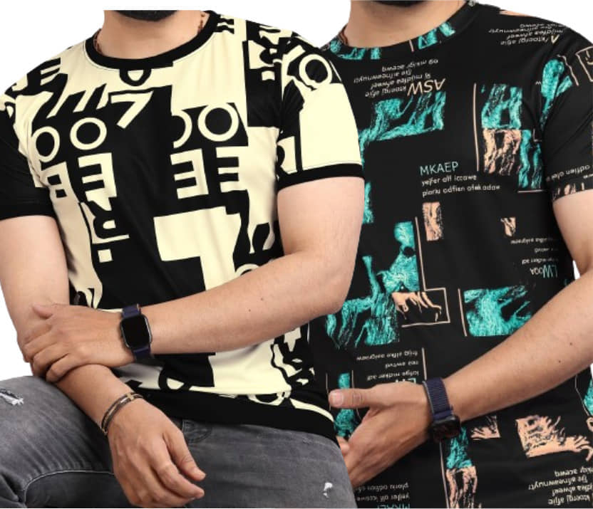 FABRIPPLE Polyester Regular Fit Printed Half Sleeves Men's Round T-Shirt - Multicolor ( Pack of 2 )