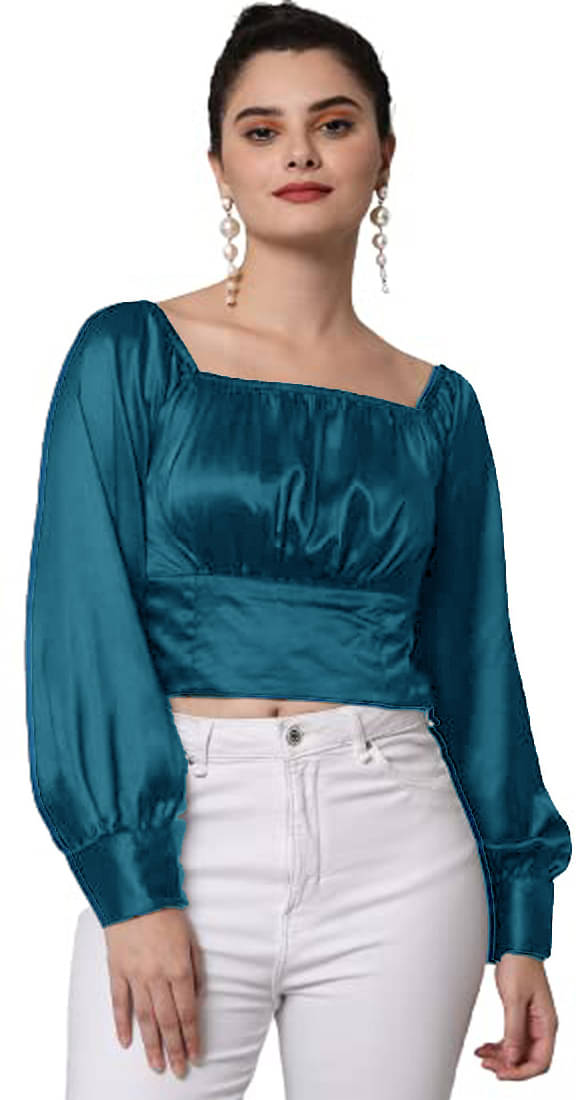 Kulfi Women's Satin Crop Top ( Blue ) Kulfi Women's Satin Crop Top ( Blue )