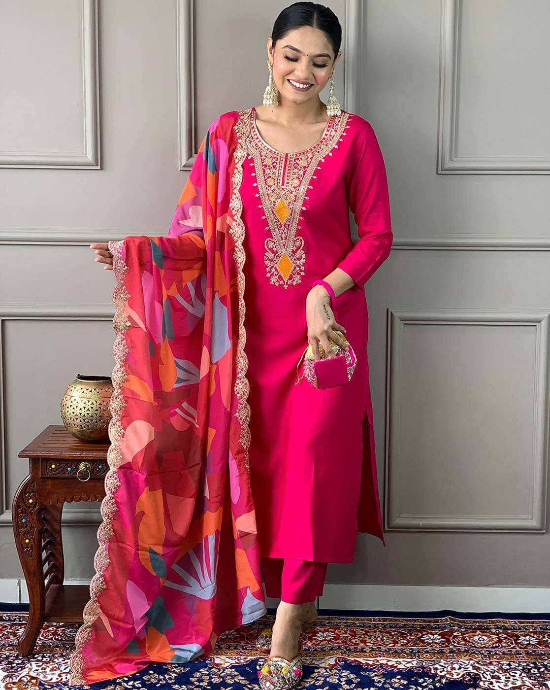     			MEHZEEL FAB Silk Blend Embroidered Kurti With Pants Women's Stitched Salwar Suit - Pink ( Pack of 1 )