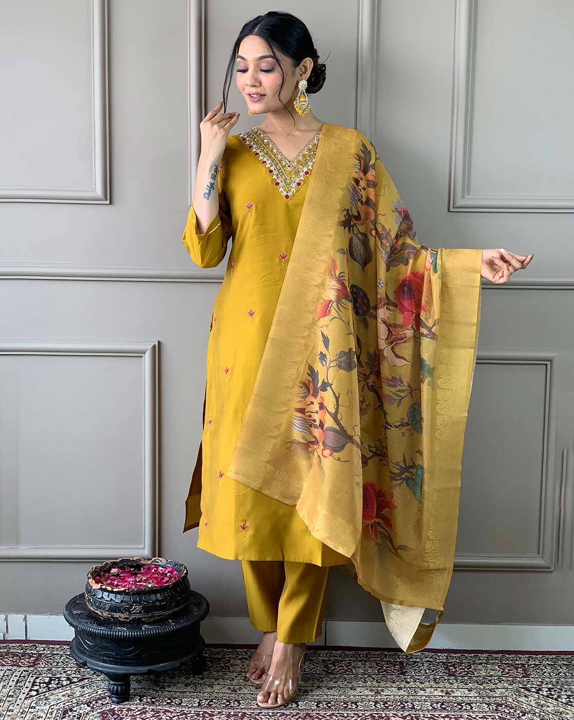 MEHZEEL FAB Viscose Embroidered Kurti With Pants Women's Stitched Salwar Suit - Mustard ( Pack of 1 ) MEHZEEL FAB Viscose Embroidered Kurti With Pants Women's Stitched Salwar Suit - Mustard ( Pack of 1 )