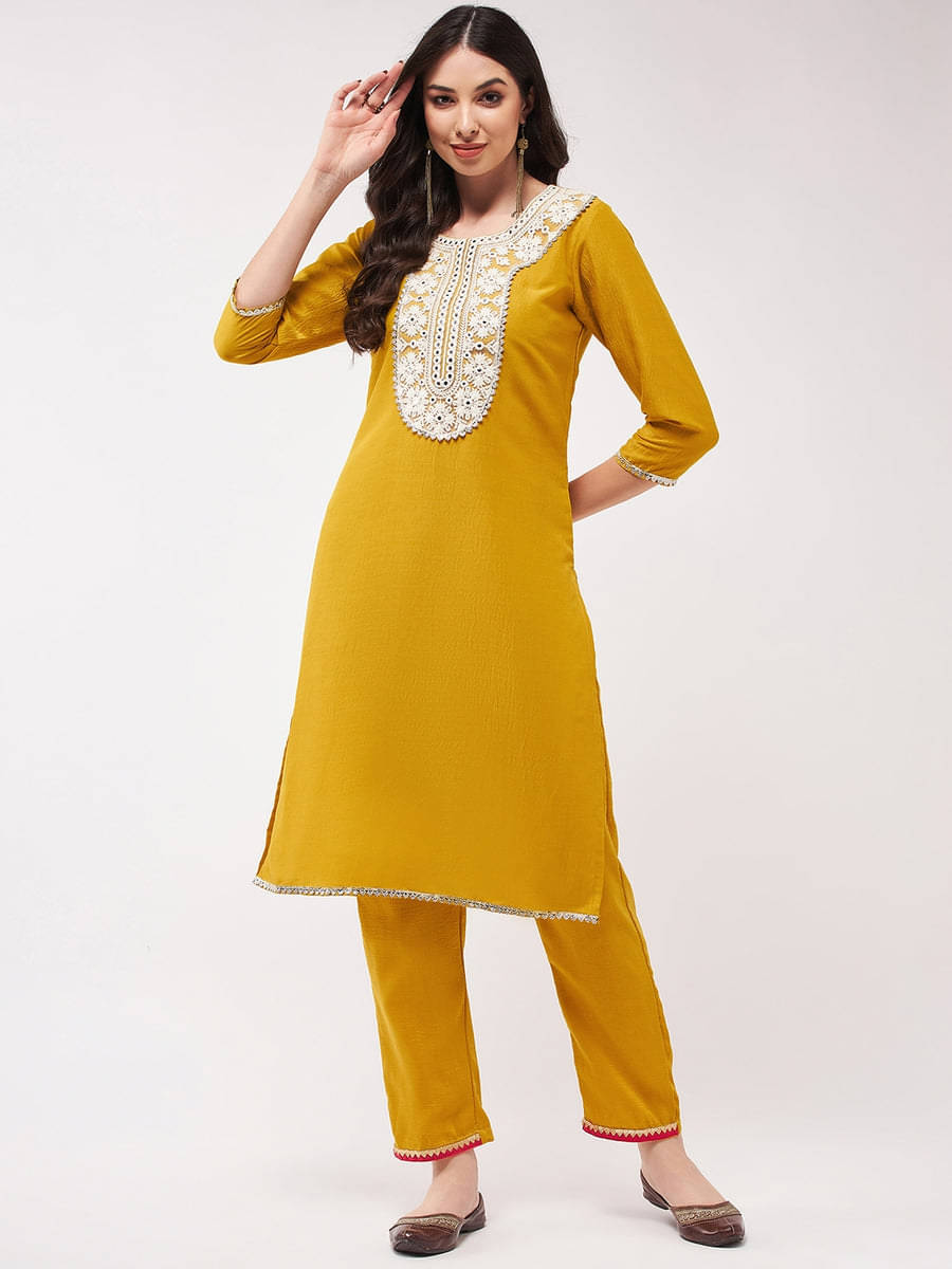     			Pannkh Pack of 1 Art Silk Embroidered Straight Women's Kurti - ( Mustard )