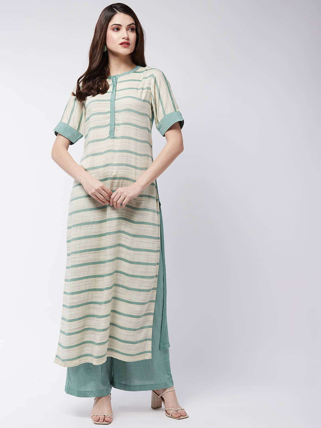 Pannkh Pack of 1 Rayon Striped Straight Women's Kurti - ( Green ) Pannkh Pack of 1 Rayon Striped Straight Women's Kurti - ( Green )