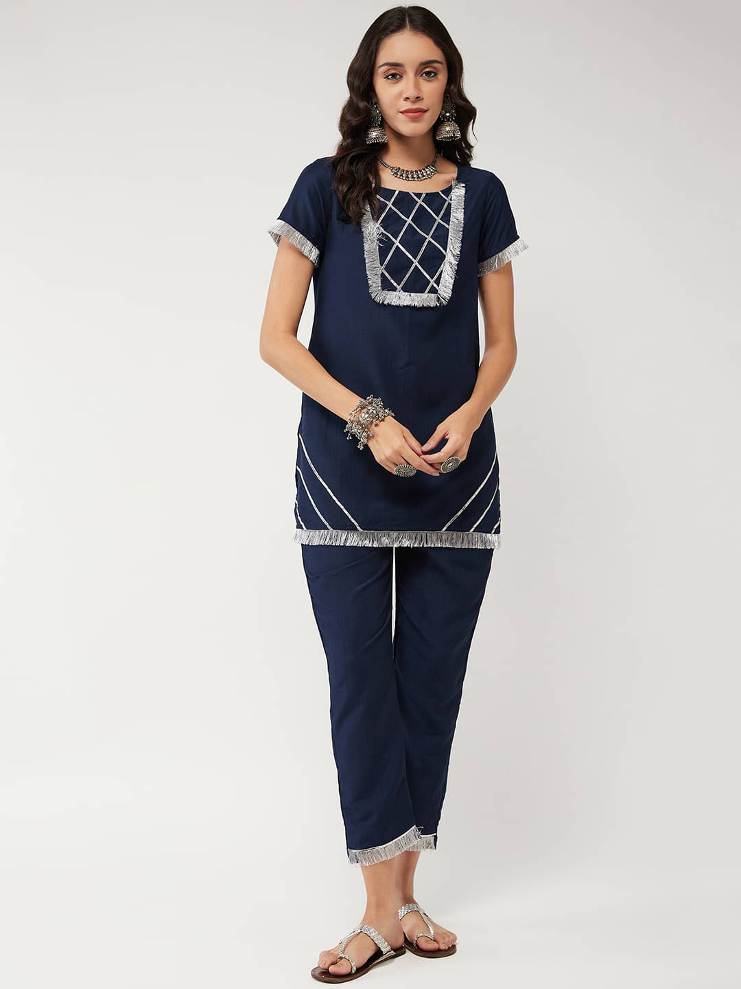     			Pannkh Polyester Embellished Kurti With Pants Women's Stitched Salwar Suit - Navy ( Pack of 1 )