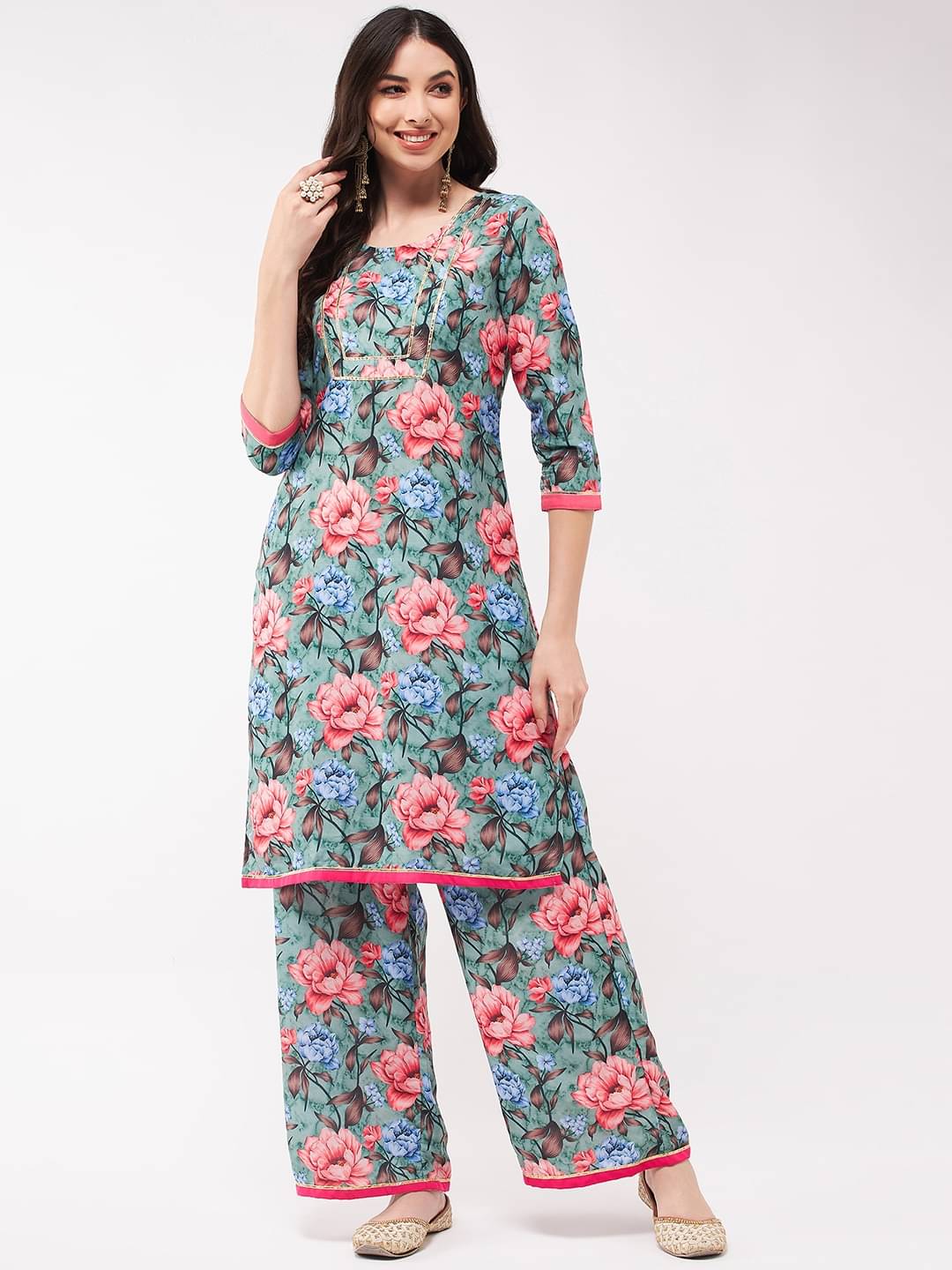 Pannkh Rayon Printed Kurti With Palazzo Women's Stitched Salwar Suit - Green ( Pack of 1 ) Pannkh Rayon Printed Kurti With Palazzo Women's Stitched Salwar Suit - Green ( Pack of 1 )