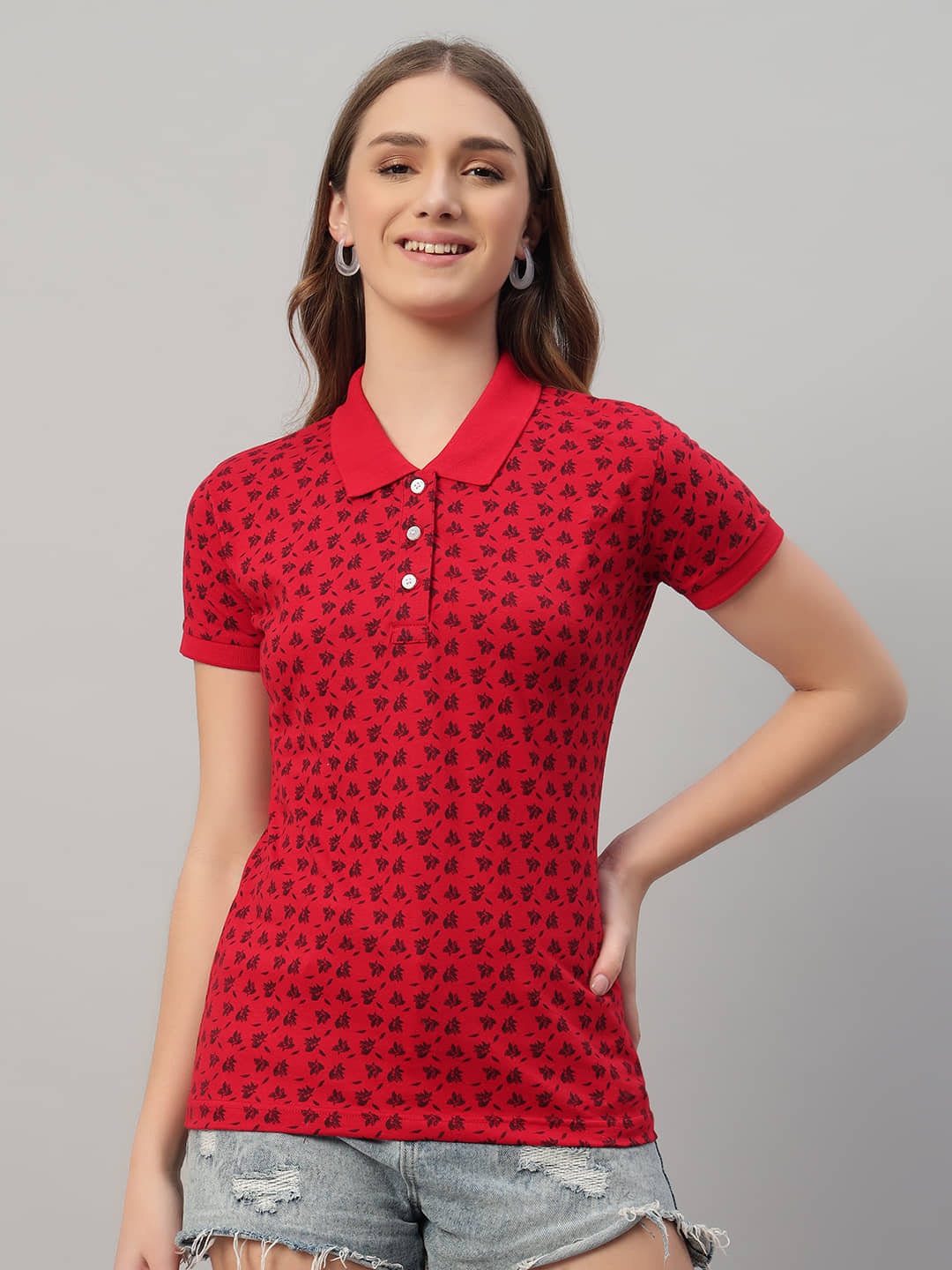 XYRIS Women Cotton Blend Printed Regular Fit Polo Collar T-Shirt ( Red )