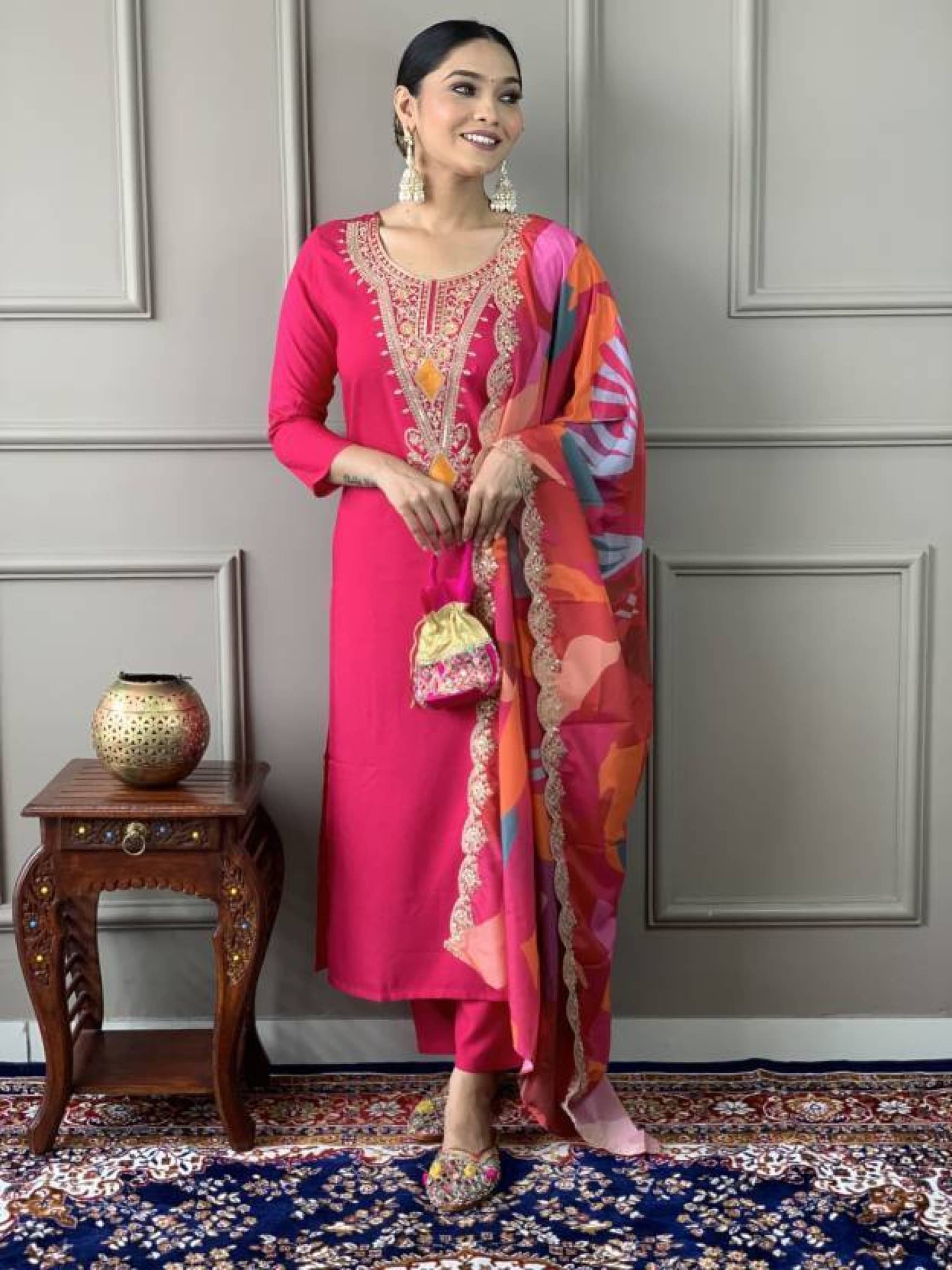 piludi Viscose Embroidered Kurti With Pants Women's Stitched Salwar Suit - Pink ( Pack of 1 ) piludi Viscose Embroidered Kurti With Pants Women's Stitched Salwar Suit - Pink ( Pack of 1 )