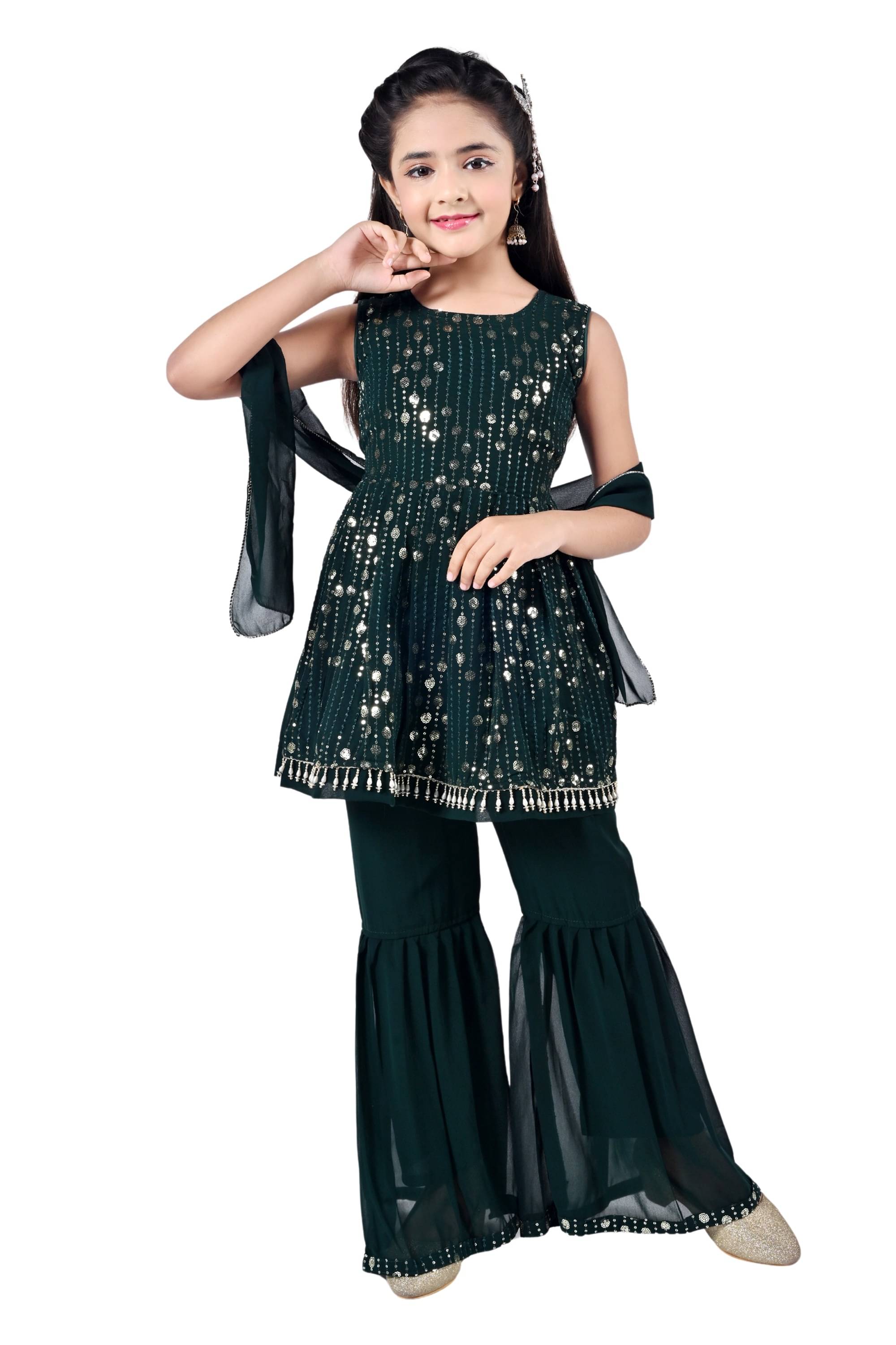     			Arshia Fashions Girls Georgette Kurta and Sharara Set ( Pack of 1 , Dark Green )