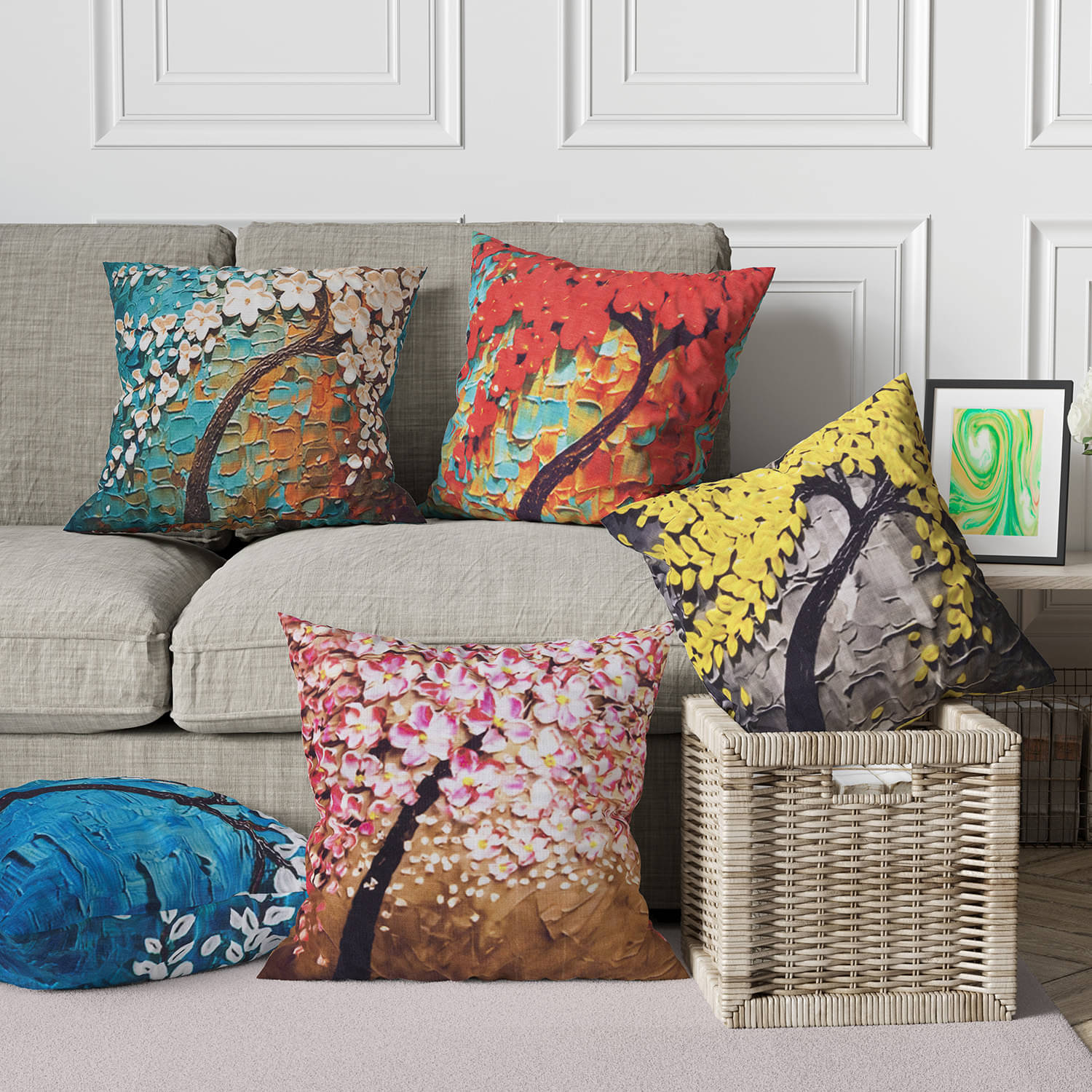     			Crosmo Set of 5 Satin Graphic Square Cushion Cover (40X40)cm - Multicolor