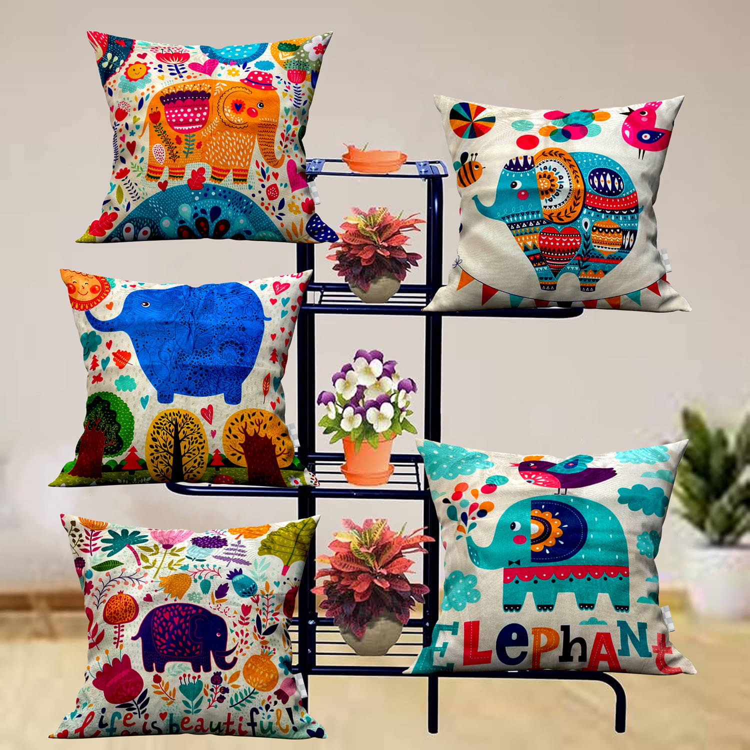     			Crosmo Set of 5 Satin Animal Square Cushion Cover (40X40)cm - Multicolor