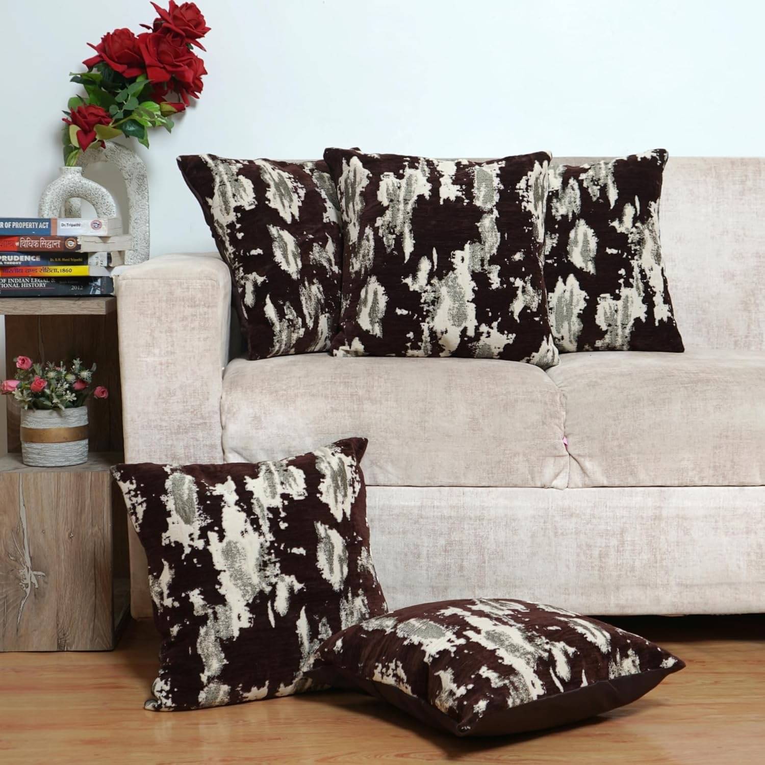     			FURNISHING HUT Set of 5 Jacquard Floral Square Cushion Cover (40X40)cm - Brown