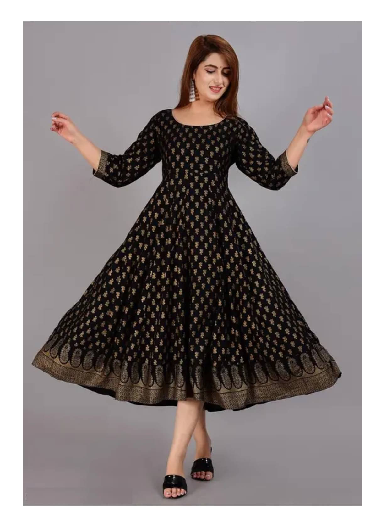 Gobya Pack of 1 Rayon Printed Anarkali Women's Kurti - ( Black )     			Gobya Pack of 1 Rayon Printed Anarkali Women's Kurti - ( Black )