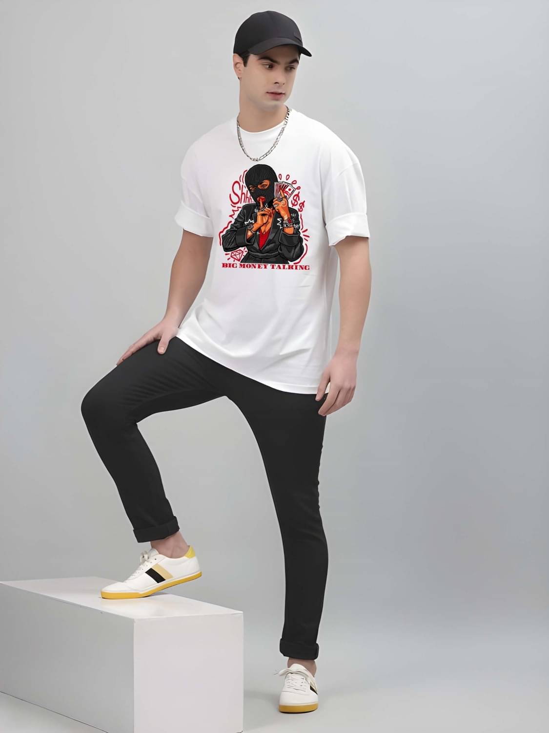     			Kaido Cotton Oversized Fit Self Design Half Sleeves Men's Round T-Shirt - White ( Pack of 1 )