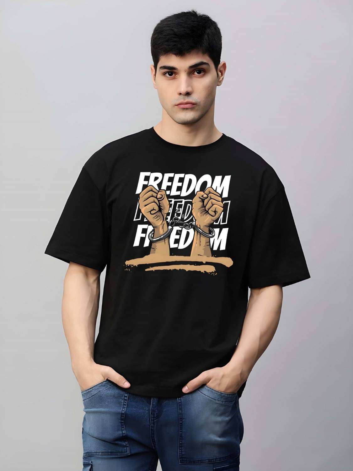 Kaido Cotton Oversized Fit Self Design Half Sleeves Men's Round T-Shirt - Black ( Pack of 1 )     			Kaido Cotton Oversized Fit Self Design Half Sleeves Men's Round T-Shirt - Black ( Pack of 1 )