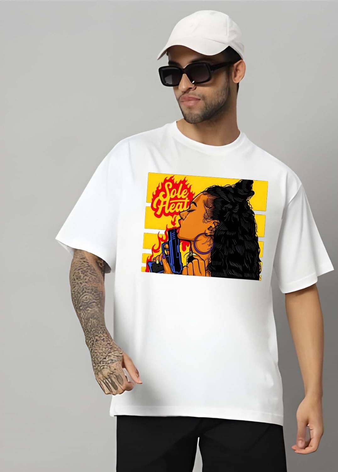     			Kaido Cotton Oversized Fit Self Design Half Sleeves Men's Round T-Shirt - White ( Pack of 1 )