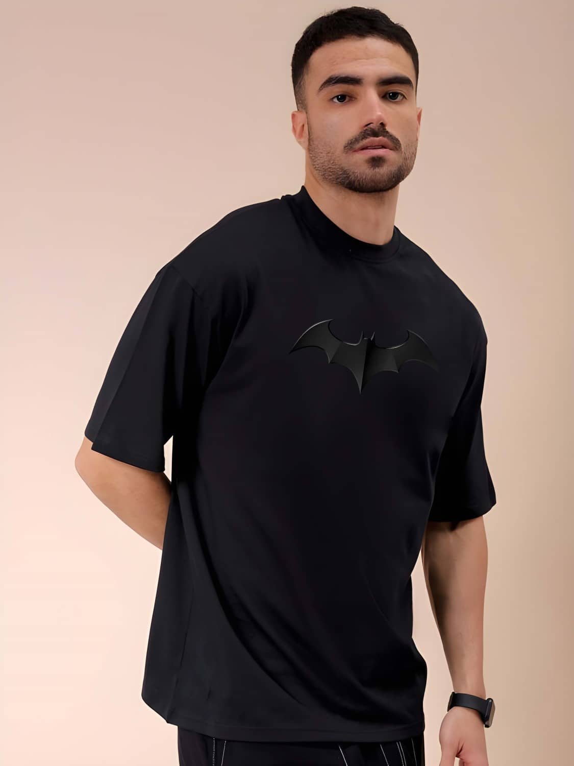 Kaido Cotton Oversized Fit Self Design Half Sleeves Men's Round T-Shirt - Black ( Pack of 1 )