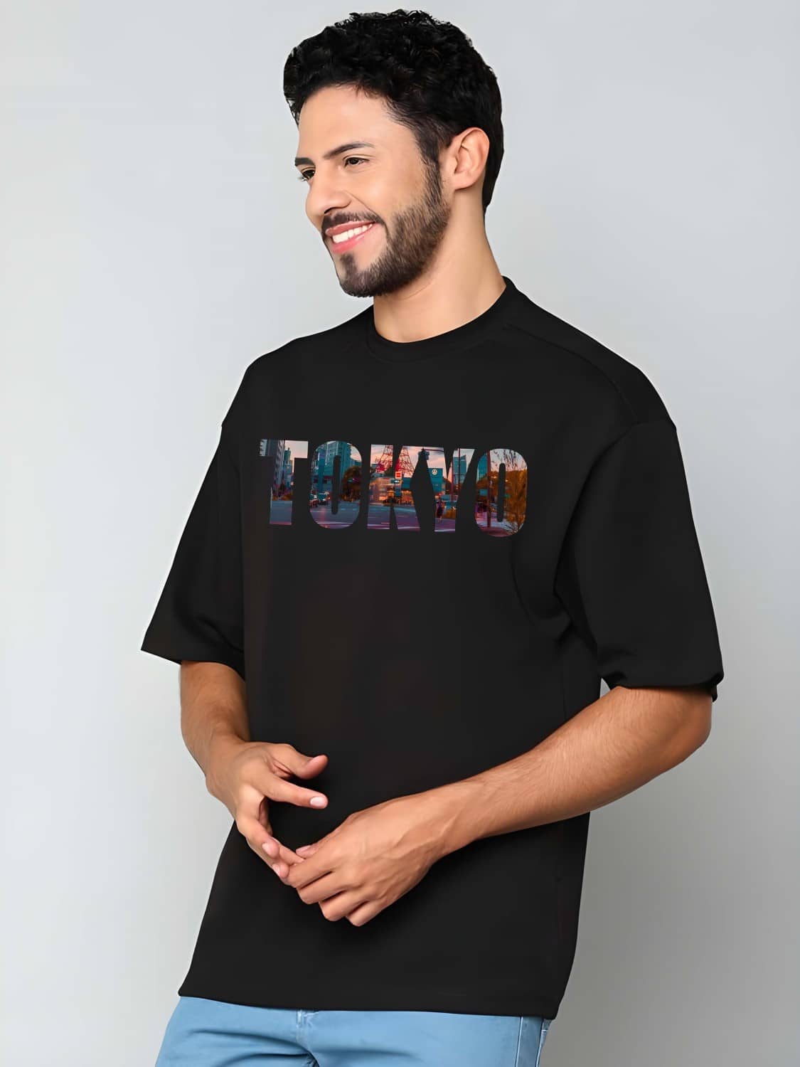 Kaido Cotton Oversized Fit Self Design Half Sleeves Men's Round T-Shirt - Black ( Pack of 1 )