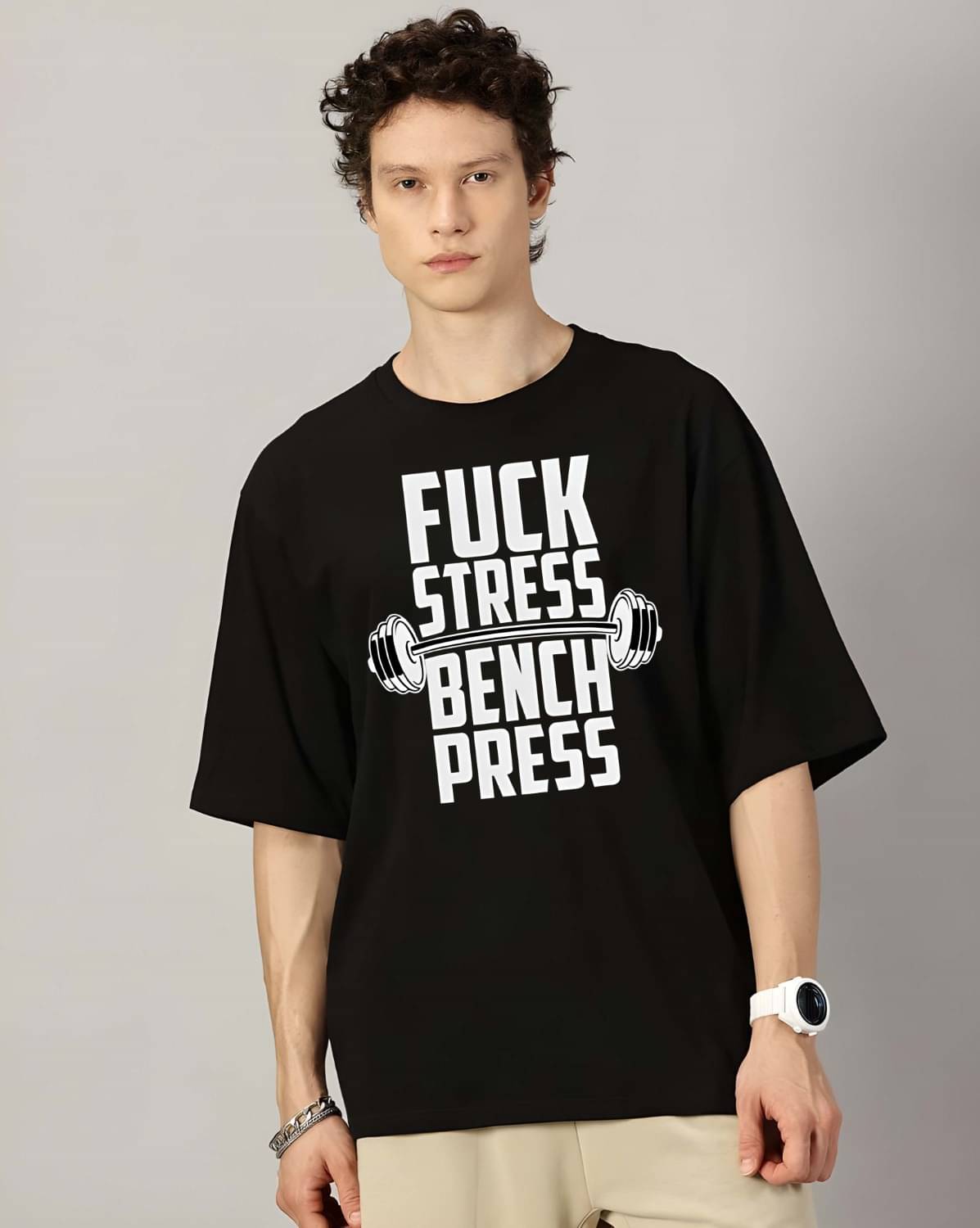     			Kaido Cotton Oversized Fit Self Design Half Sleeves Men's Round T-Shirt - Black ( Pack of 1 )