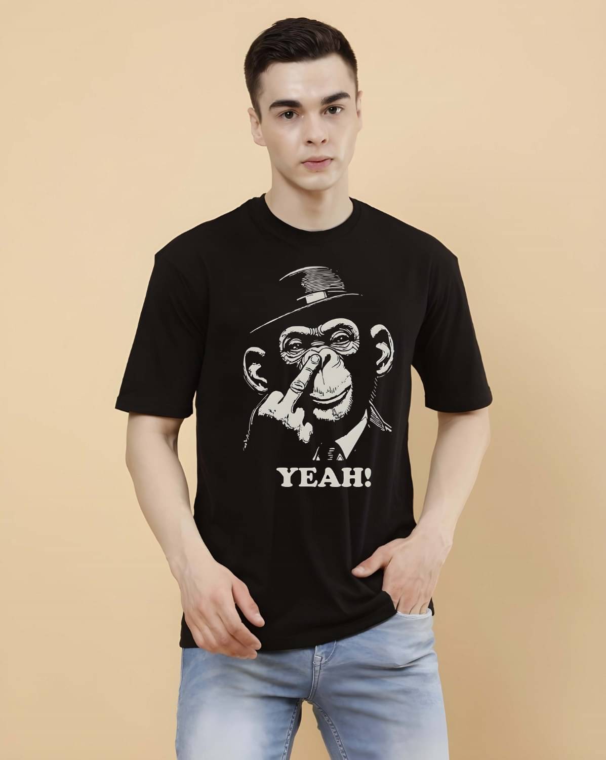     			Kaido Cotton Oversized Fit Self Design Half Sleeves Men's Round T-Shirt - Black ( Pack of 1 )