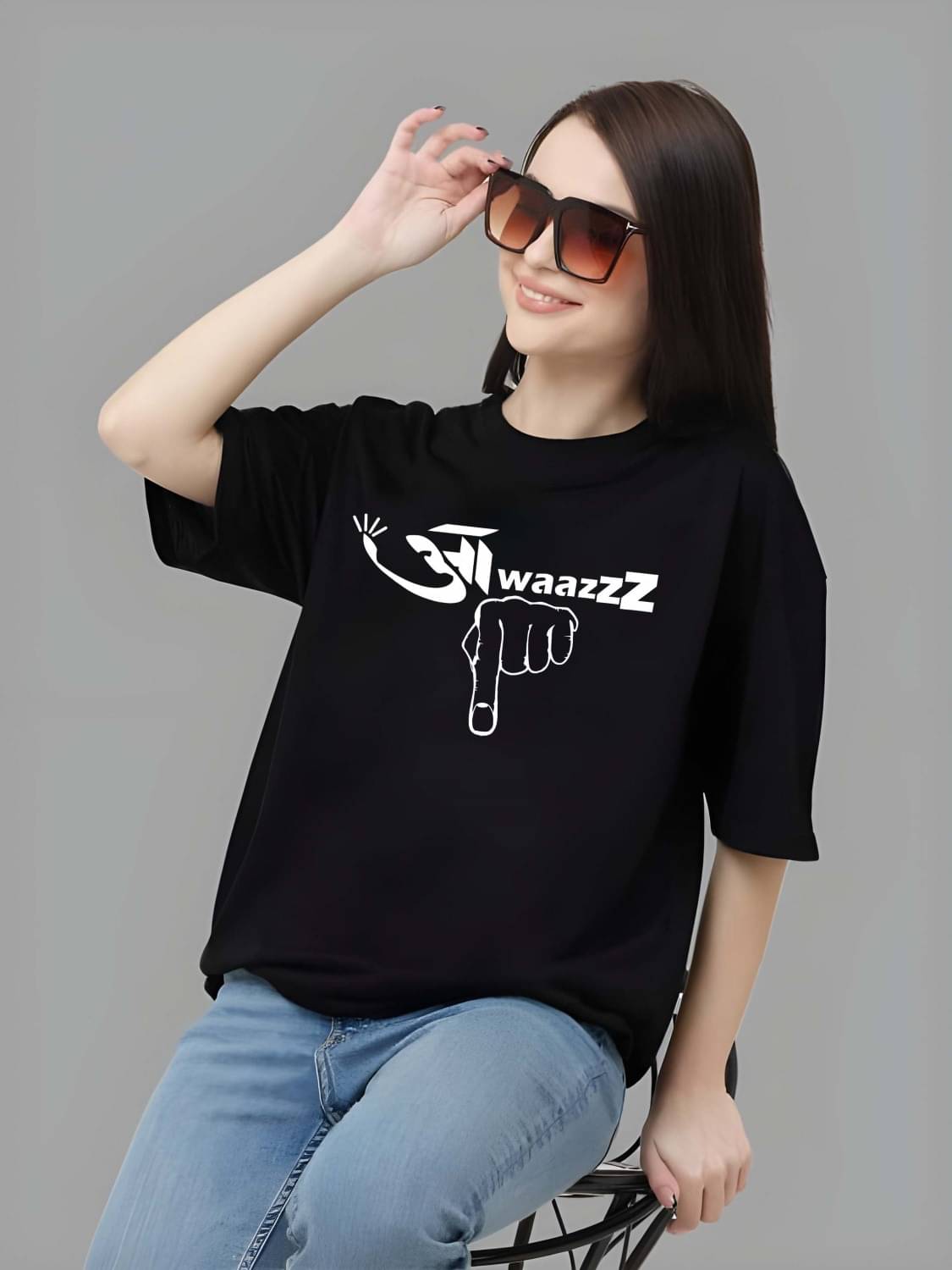 Kaido Women Cotton Self Design Oversized Fit Round Neck T-Shirt ( Black ) Kaido Women Cotton Self Design Oversized Fit Round Neck T-Shirt ( Black )
